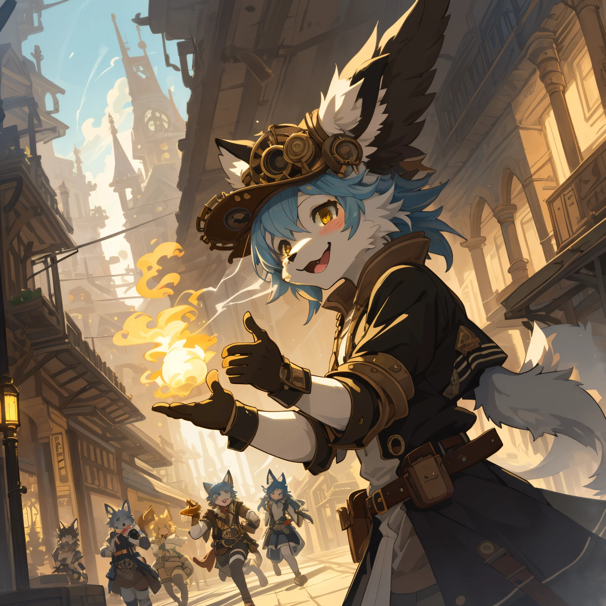 cover_page, highres, top quality, best quality, paid reward available, High-quality illustrations, unparalleled masterpiece, perfect artwork, absurdres, super high resolution, detailed background, Steam punk, Beautiful World Heritage, 6+boys, 6+girls, Happy, joyful(Photos of solo travelers)(kemono, furry anthro)cinematic lighting, dynamic angle,