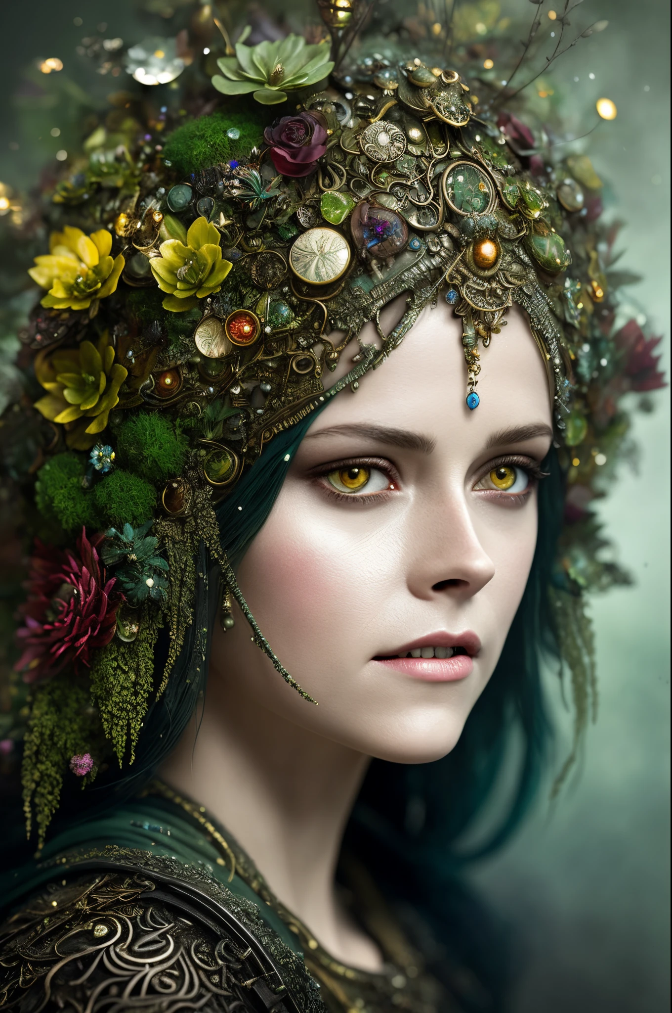 Looks like Kirsten Stewart, Closeup of a Surreal moss Elf with pointy ears in the styles of Ernst Haeckel, Arthur Rackham, Roger Dean, Jeff Wall, by Wolfgang Tillmans, Brooke Shaden $etching drawing illustration$ resin
detailed matte painting, deep color, fantastical, intricate detail, splash screen, complementary colors, fantasy concept art, 8k resolution trending on Artstation Unreal Engine 5