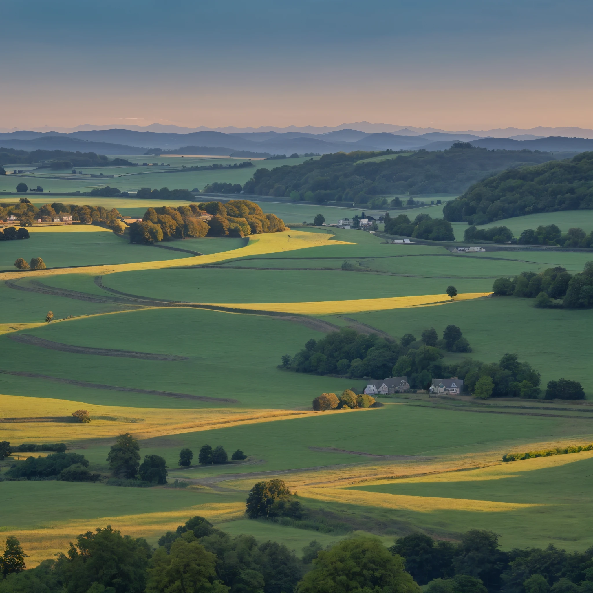 A rural skyline IN THE FOREGROUND with rolling green hills, sunsetwith a golden glow, beautiful old english village, (river valley), three quaters of picture to be sky.