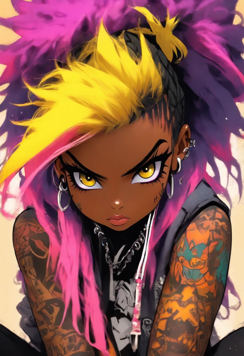 The most beautiful and sexy punk rock girl, black Afro, black and purple hair, yellow eyes, dark skin, wearing a hoodie, Graphic design jacket and torn skinny jeans, tons of tattoos and piercings, Perfect masterpiece, high quality, High resolution, big tits