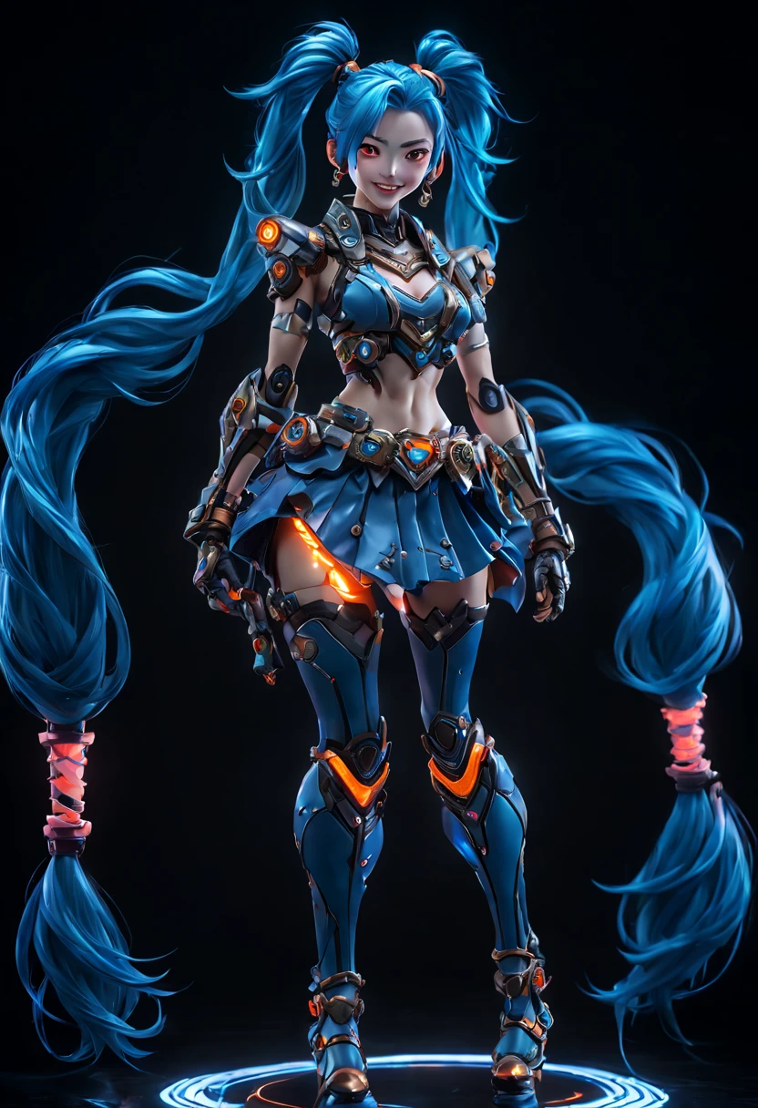 Jinx1024, Game character design，3D character rendering，(((Vector illustration style)))，League of Legends Jinx，((1girl，(Blue double ponytail: 1.5)，Blue braids，Red eyes，big laughter，future warrior，(Pink mechanical skirt: 1.3)，(A luminous magazine is tied around the waist: 1.2)，Decorated with luminous lines and rivets，With streamer effect or LED light embellishment，Hand holding laser cannon、Ion cannon or pulse cannon))，((hair design：Brilliant deep blue，Add some glowing elements，Futuristic headgear such as orange photoelectric glasses or head-mounted display))，((Expression design：Add some glowing lines or orange LED light effects to the facial decoration，Design different facial expressions，Highlight the image of future warriors))，(action design：On the move、When releasing a skill or attacking，Add some special effects and animations，Highlight the sense of future and combat)，((Special effects design：Add cool orange light effects、Electromagnetic wave effect or virtual interface，Enhance the visual impact of skin)), (((standing on your feet，Metal heels: 1.8, Glowing lines or orange LED light effect))), (full body shot of: 1.5)，jinx (league of legends)，((starryskybackground，simplebackground)), MECHA-WINGS, art by mooncryptowow, (pov, first-person view, Ghibli-like colours, Luminism, cinematic lighting, UHD, masterpiece, ccurate, anatomically correct, textured skin, super detail, high details, high quality, award winning, best quality, 16k)