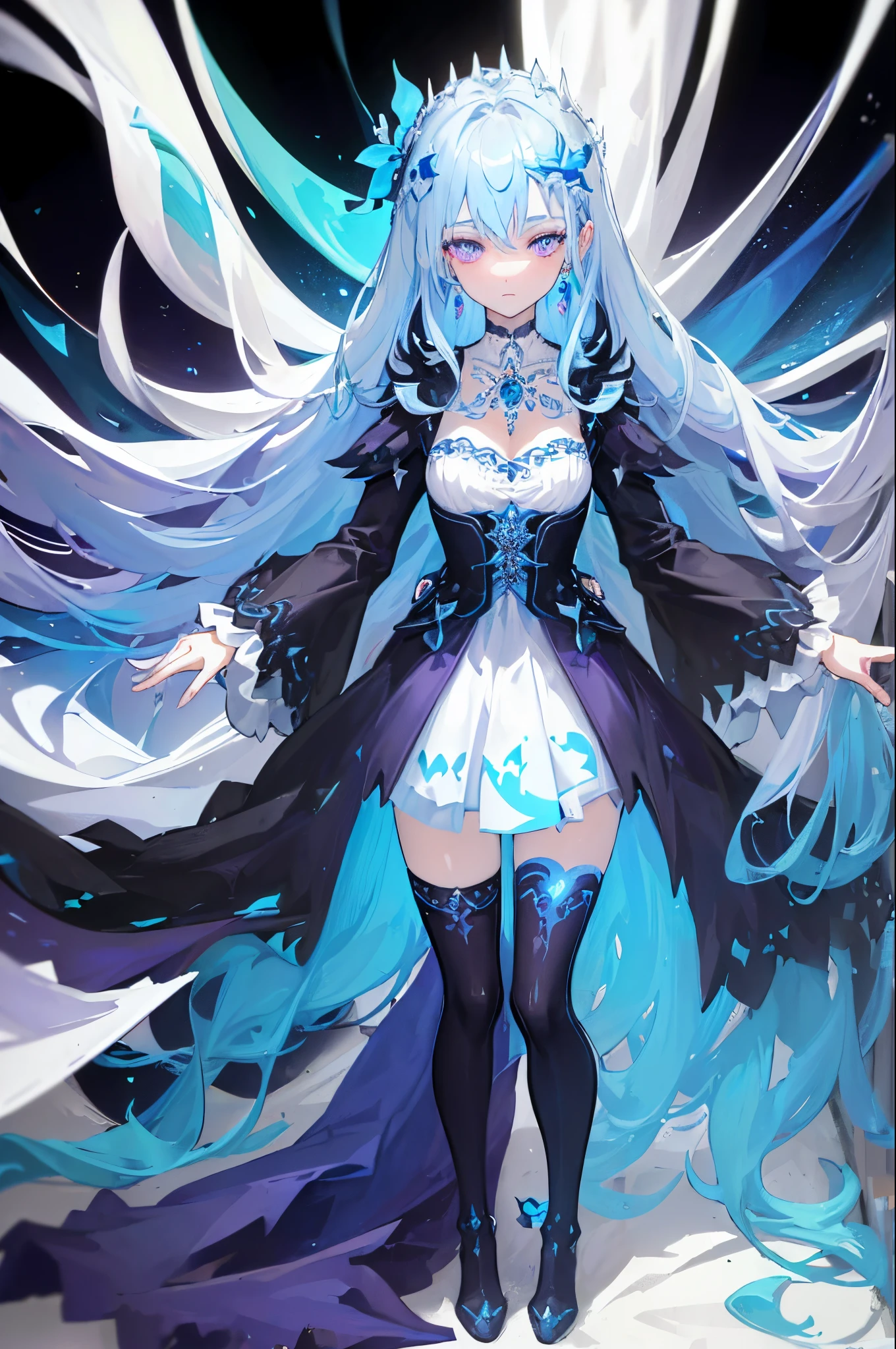 (Masterpiece, Best Quality: 1.4), Detailed Background, White Crystal, Crystal Cluster, Long Hair, Jewelry, Earrings, Necklace, Crown, Bride, White Hair, Halo, (Overlook), Dynamic Angle, Ultra Detailed, Illustration, Close Up, Direct Look, 1girl, (Fantasy: 1.4), (Purple Eyes: 1.233), Her Eyes Shine Like Dreamy Stars, (Glow Eyes: 1.233), (Beautiful and Delicate Eyes: 1.1), (Silver Hair: 1.14), (Messy Hair, Very Long Hair, French braids, hair between the eyes, side hair), (+(blue hair flower: 1.14)), (chiffon dress, uniform blue flower pattern)/= (military uniform: 1.24), (split sleeves, wide sleeves), (fingerless gloves), choker, (miko thighhighs), high heeled boots, (expressionless, shut up), (standing), (classical princess boudoir with dresser floor-to-ceiling windows white ancient palace), (white flowers, blooming), (deep sea), (flowing water), (dark blue world tree:1.14),(Ruins),(Night:1.2),dreamy,Soul,(fluorescent),(Flying Translucent Blue Butterfly:1.15),[Delicate Fingers and Hands:0.55]::0.85], (Finger Detail), (Yubao:0.5)