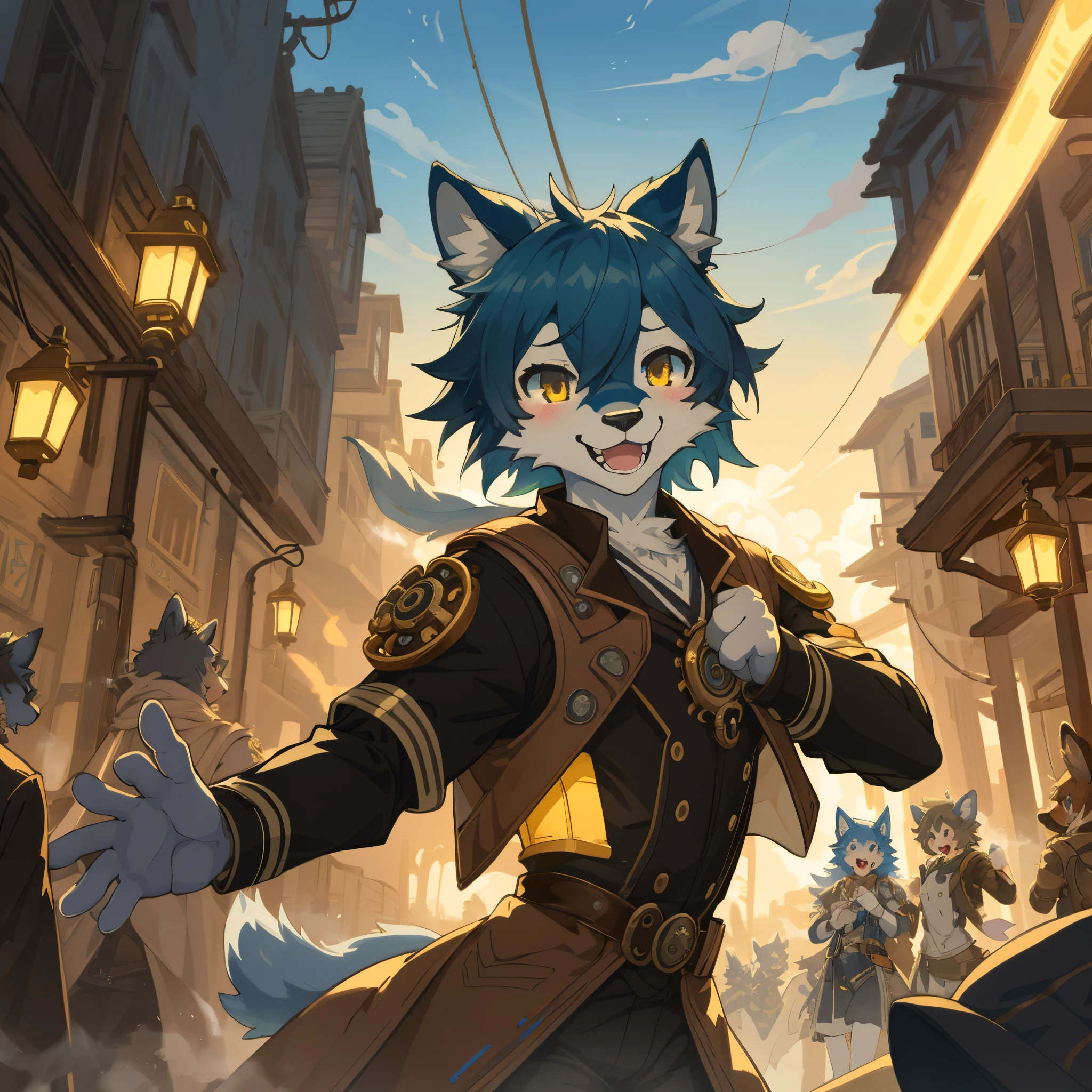 cover_page, highres, top quality, best quality, paid reward available, High-quality illustrations, unparalleled masterpiece, perfect artwork, absurdres, super high resolution, detailed background, Steam punk, Beautiful World Heritage, 6+boys, 6+girls, Happy, joyful(Photos of solo travelers)(kemono, furry anthro)cinematic lighting, dynamic angle,