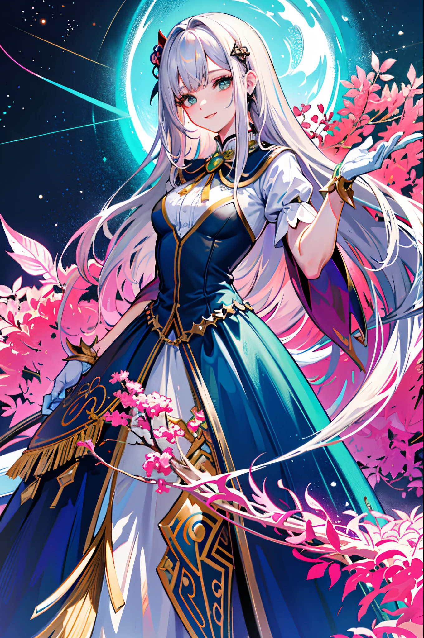 masterpiece, top quality, best quality, official art, (beautiful and aesthetic:1.3),extreme detailed,(fractal art:1.3),colorful, realistic style, official wallpaper, 1lady,looking at viewer, pretty,wearing dress, ribbon,green sparkle eyes, grey long hair mixed with pink, (from above),adult,no bare brests,blue, metal head ornament,gloves,pink watery face,uniform,long skirty,blue red gown,(hiding hands),smile,nardack,