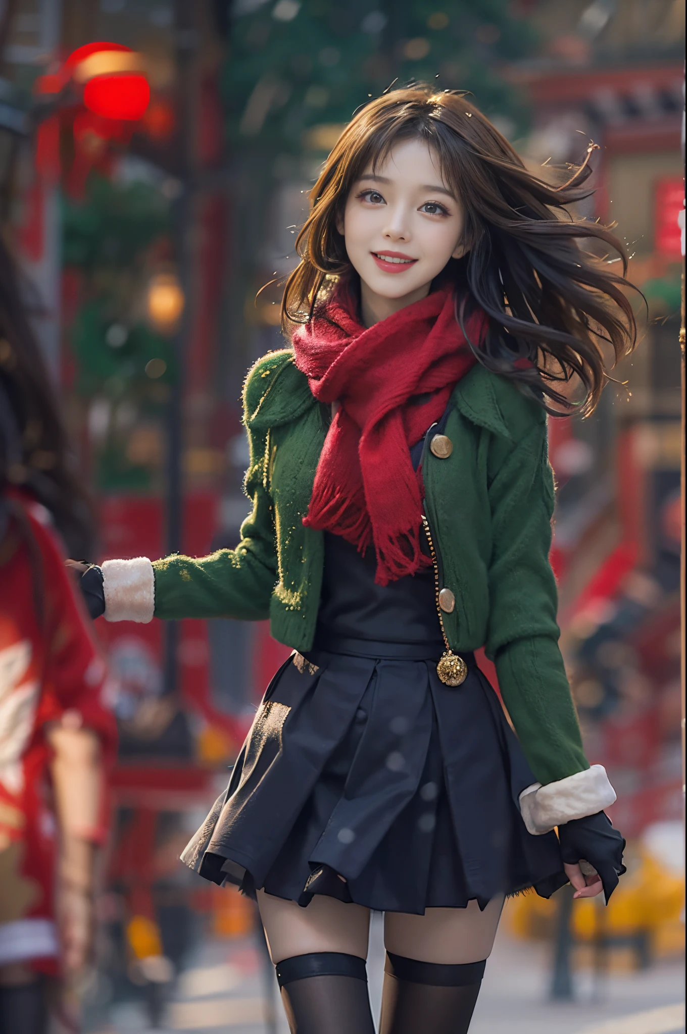 In the gorgeous cityscape on Christmas night, Imagine a brunette woman around 28 years old.., She has messy hair and is wearing a Santa-style miniskirt and black tights.。Her bright smile conveys joy.. The color palette should primarily feature red and green, Express your vibrant holiday spirit.
