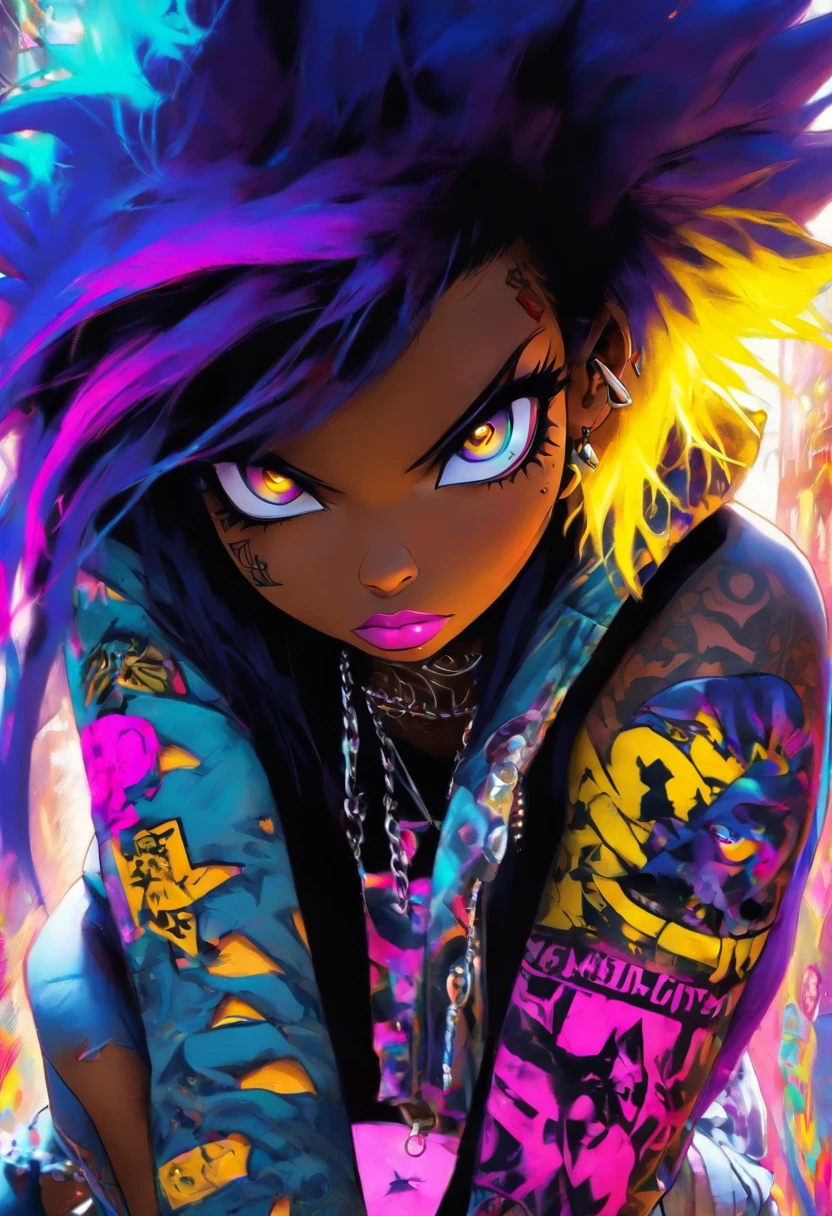 The most beautiful and sexy punk rock girl, black Afro, black and purple, blue hair, yellow eyes, dark skin, wearing a hoodie, Graphic design jacket and torn skinny jeans, tons of tattoos and piercings, Perfect masterpiece, high quality, High resolution, big tits