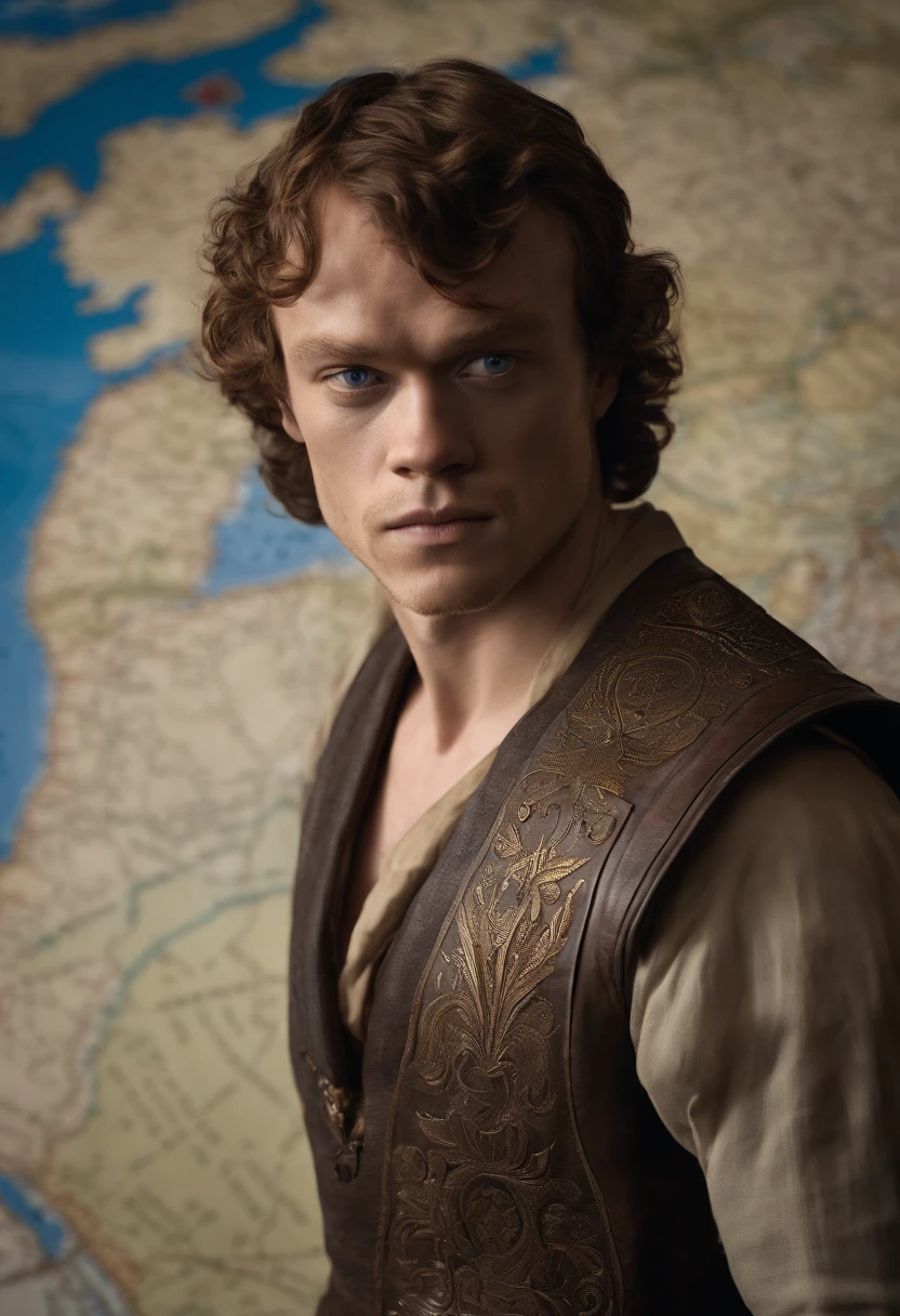 A photo of Theon standing in front of a large map of the kingdom, pointing confidently to strategic locations.,Game of Thrones TV series,Theon has curly brown hair and a very short neatly trimmed beard, stormy blue eyes, and wears black with gold accents. Famously portrayed by Alfie Allen