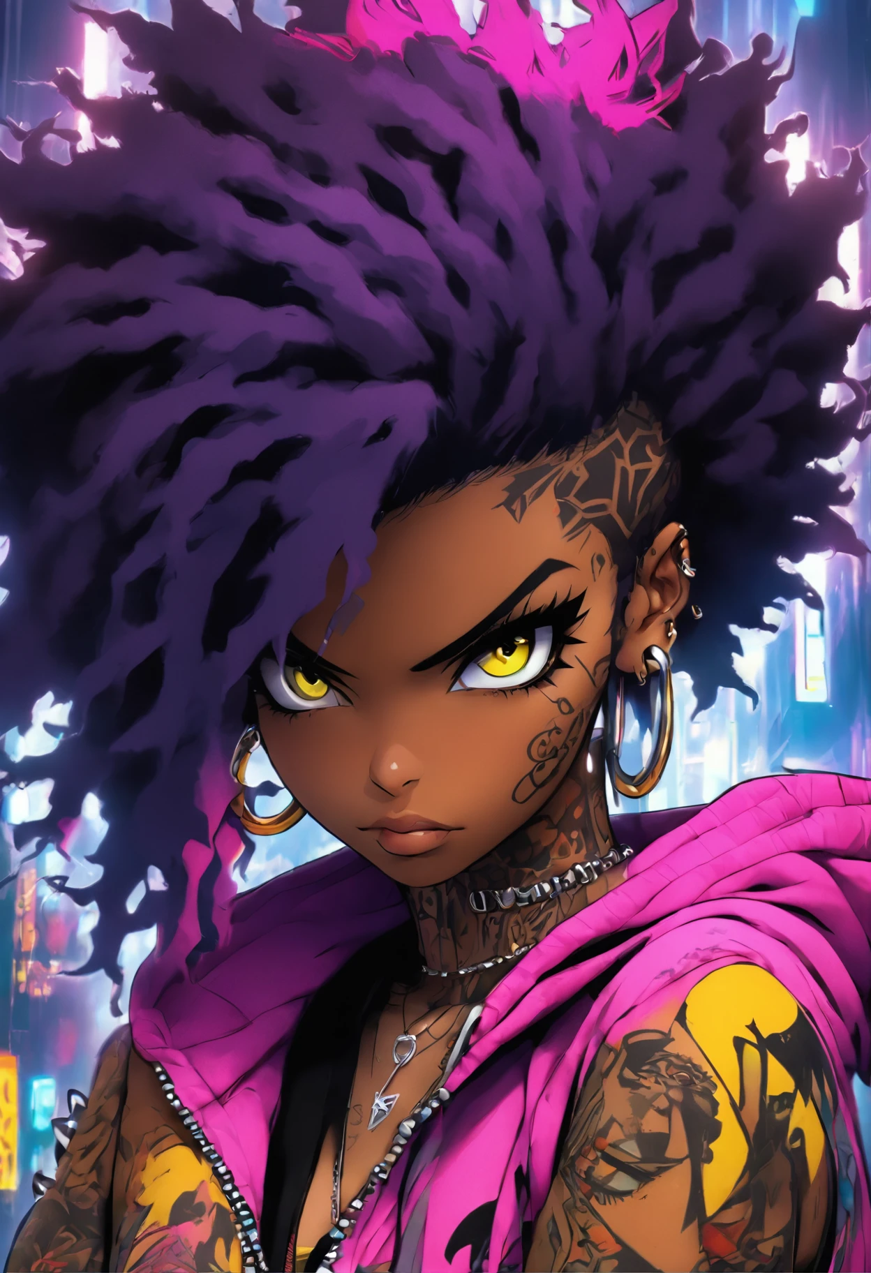 The most beautiful and sexy punk rock girl, black Afro, black and purple hair, yellow eyes, dark skin, wearing a hoodie, Graphic design jacket and torn skinny jeans, tons of tattoos and piercings, Perfect masterpiece, high quality, High resolution, big tits