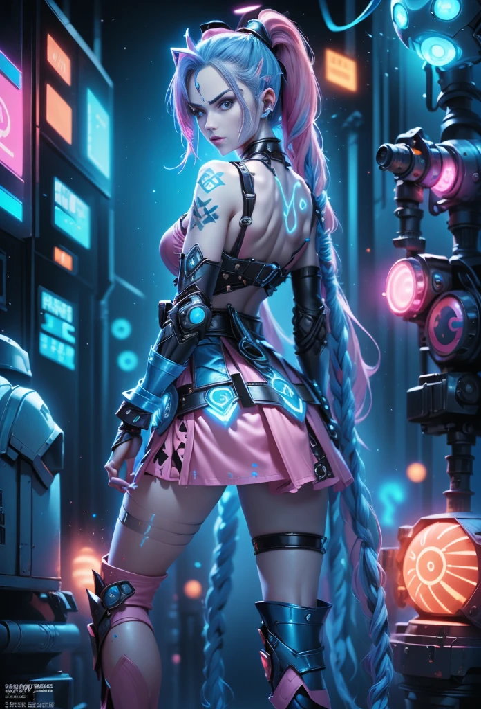 Jinx1024, Game character design，3D character rendering，(((Vector illustration style)))，League of Legends Jinx，((1girl，(Blue double ponytail: 1.5)，Blue braids，Red eyes，big laughter，future warrior，(Pink mechanical skirt: 1.3)，(A luminous magazine is tied around the waist: 1.2)，Decorated with luminous lines and rivets，With streamer effect or LED light embellishment，Hand holding laser cannon、Ion cannon or pulse cannon))，((hair design：Brilliant deep blue，Add some glowing elements，Futuristic headgear such as orange photoelectric glasses or head-mounted display))，((Expression design：Add some glowing lines or orange LED light effects to the facial decoration，Design different facial expressions，Highlight the image of future warriors))，(action design：On the move、When releasing a skill or attacking，Add some special effects and animations，Highlight the sense of future and combat)，((Special effects design：Add cool orange light effects、Electromagnetic wave effect or virtual interface，Enhance the visual impact of skin)), (((standing on your feet，Metal heels: 1.8, Glowing lines or orange LED light effect))), (full body shot of: 1.5)，jinx (league of legends)，((starryskybackground，simplebackground)), MECHA-WINGS, art by mooncryptowow, (pov, first-person view, Ghibli-like colours, Luminism, cinematic lighting, UHD, masterpiece, ccurate, anatomically correct, textured skin, super detail, high details, high quality, award winning, best quality, 16k)