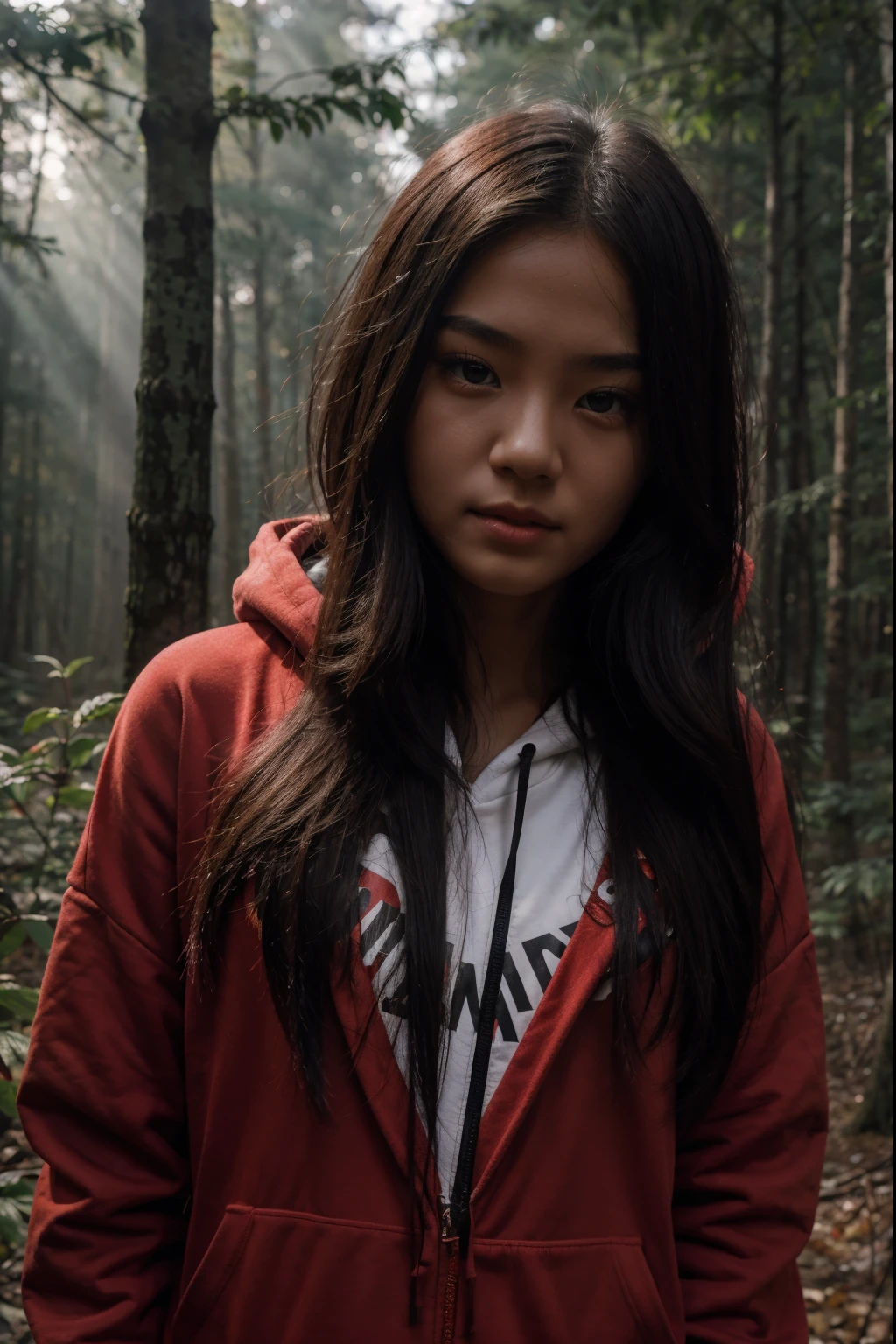 20yo, girl, chinese, long hair, wearing RED hoodie, against camp in dark forest background, morning, sunray, fog and smoke, 8k, nikon D7500, 85mm portrait, ultra-detailed,