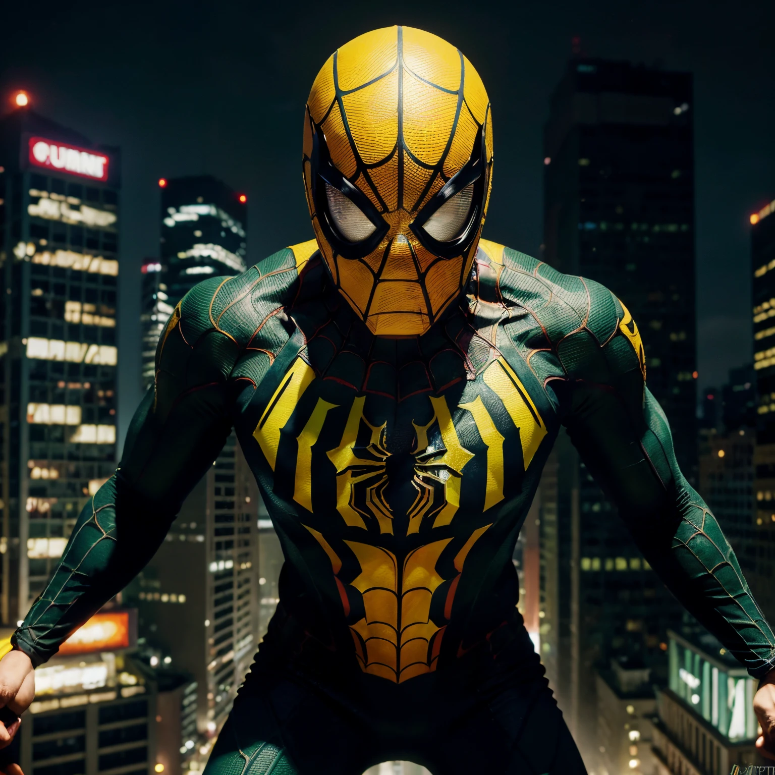 (highest quality,photorealistic:1.2),Spider-Man wearing green, yellow, and black suit, intense web-slinging action,detailed mask and costume design, dynamic cityscape background,amazing acrobatic poses, vibrant colors, dramatic lighting,comic book style,high contrast,colorful shadows.