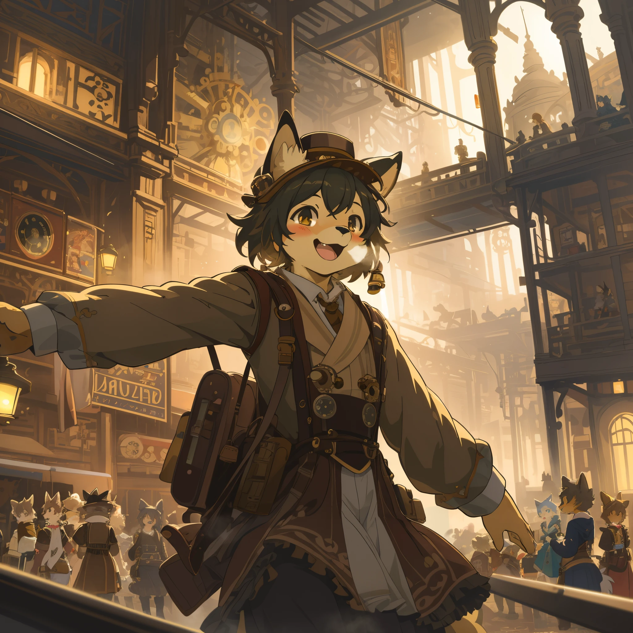 cover_page, highres, top quality, best quality, paid reward available, High-quality illustrations, unparalleled masterpiece, perfect artwork, absurdres, super high resolution, detailed background, Steam punk, Beautiful World Heritage, 6+boys, 6+girls, Happy, joyful(Photos of solo travelers)(kemono, furry anthro)cinematic lighting, dynamic angle,
