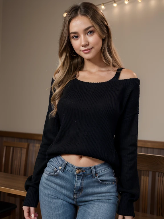 Beautiful American young woman, smile wide, 24 years old, dark blonde hair, wavy hair, fair skin, fit body, perfect body, soft hazel eyes, popular korean makeup, wearing oversize knitted sweater, low neck sweater, tight black tank top, skinny jeans, intricate bracelets on left hand, masterpiece, 4k, realistic, warm color, college background.