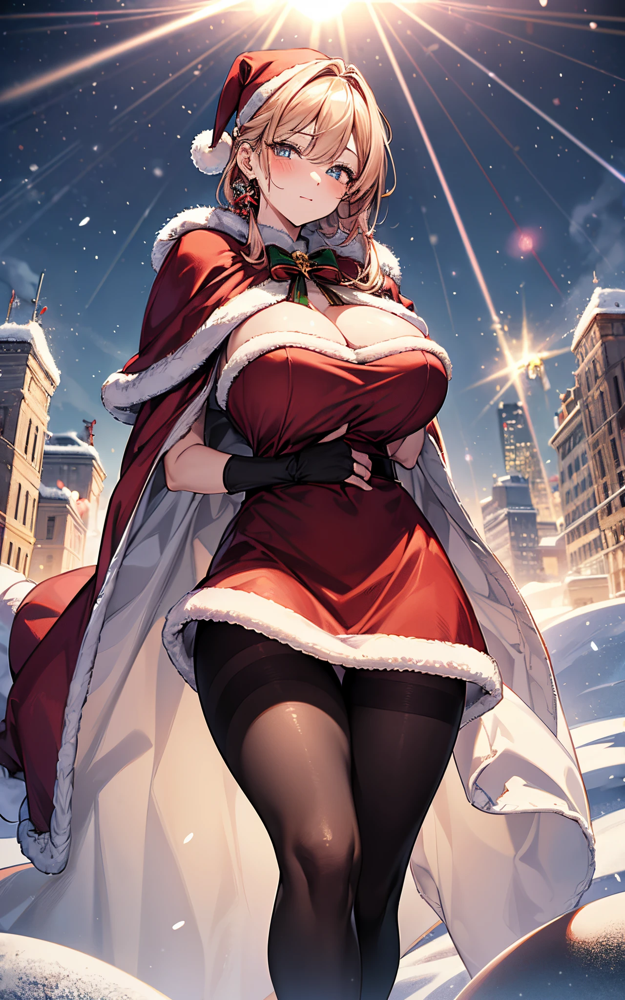 Top resolution、 Top image quality、 masterpiece、 8K、Composition seen from behind、 (((One Woman)))、 seductiv、red blush、 (((8 Head Body)))、Very Shorthair、 sexy pose、 large full breasts、sparkly eyes、Light in the eyes、hair adornments)))、 (((Beautie)))、 (((santa dressed in black)))、 Wearing a cloak、(skirt by the)、((Long tights))、 thighs thighs thighs thighs、In the city、 Crowds、 Christmas、Falling snow、Dating、Christmas present、Refers to 5、(((A huge light falls behind me)))、