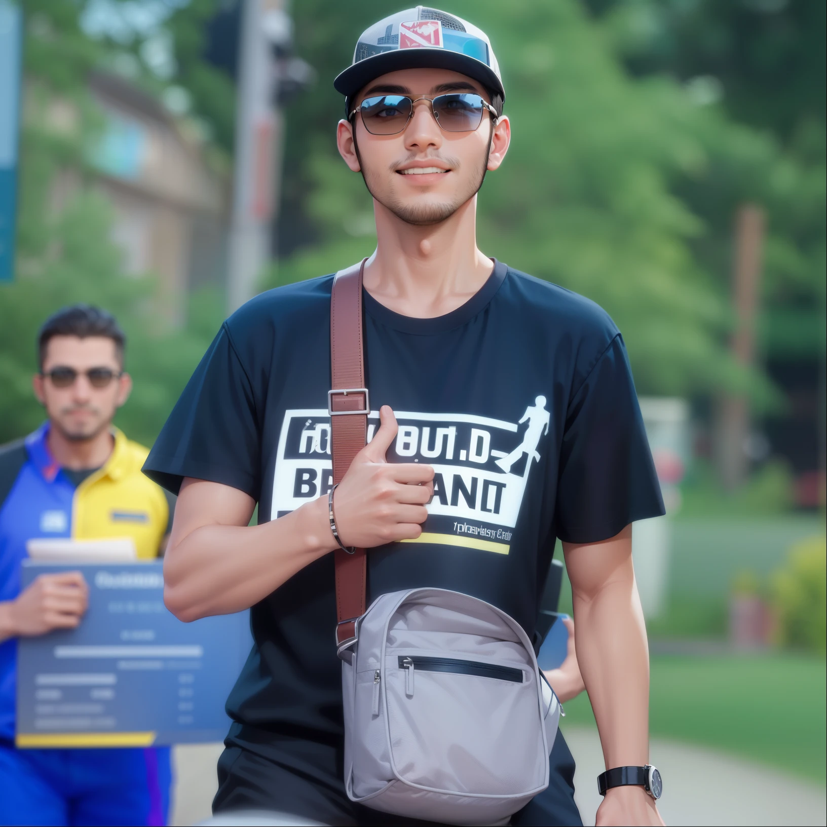 Attractive profile picture, masterpiece, ultra-precise rendering, beautiful and cool man, wearing a business suit, trustworthy, dependable young man, savior of the world, simple design, most beautiful image, 4K, arabian face, smile, sunglasses