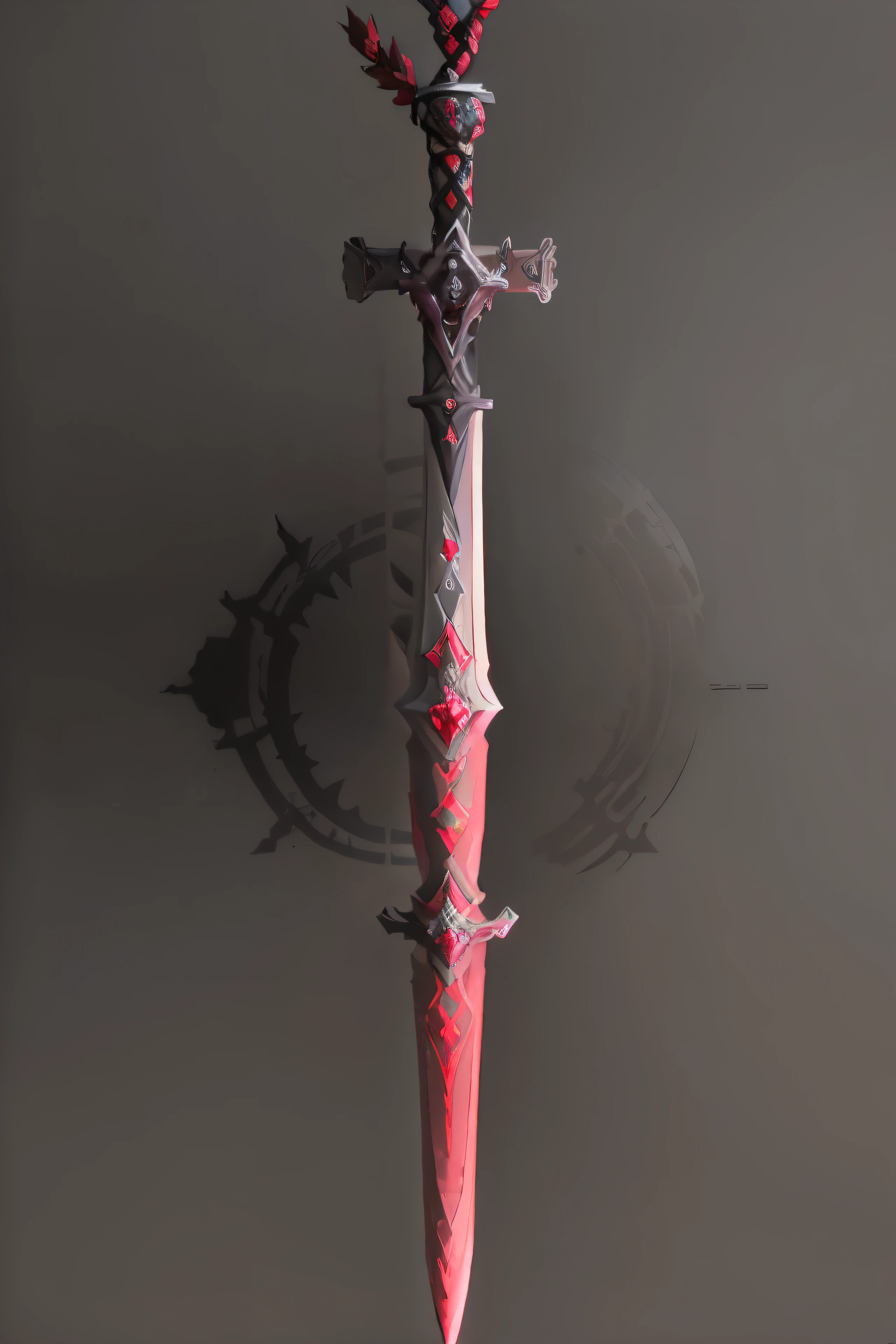 Medieval long sword, The sword body is exquisite and thin,（((The body of the sword is red with design of a red and black pattern))), (The sword body is symmetrically decorated), Close-up at long range, (Sword is vertical stick into the ground), Ultra Realistic Photo, super-fine, 8K, Premium wallpapers, the highest picture quality, 3D,C4D, tmasterpiece, rendering by octane, detailed decoration on the pommel, (((on the cross there are 4 gemstones arranged in a pattern))), (((short black grip with long thin red body))), (((white background)))