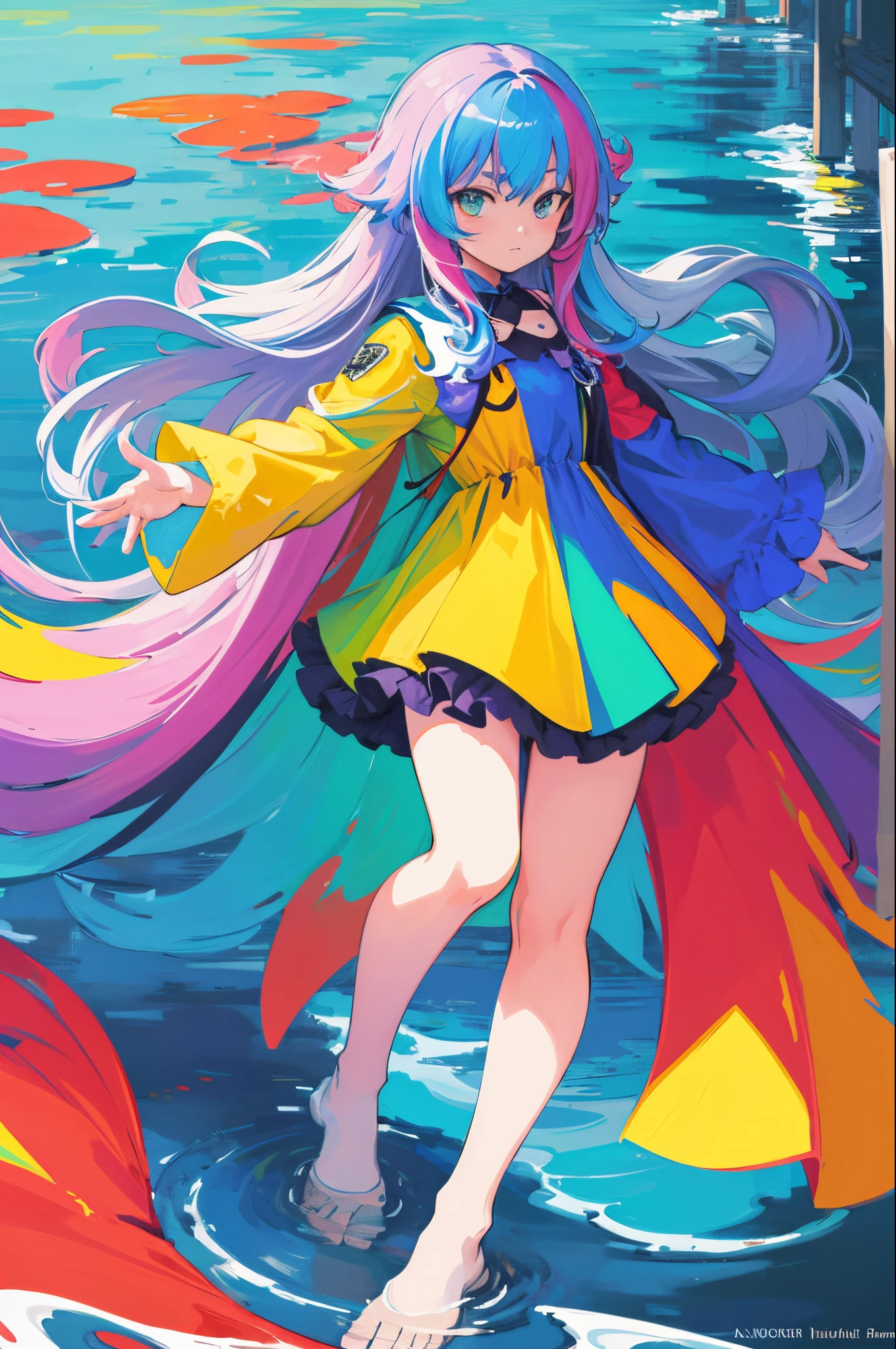 (Flat Color:1.1),(Colorful:1.3),(Masterpiece:1.2), Best Quality, Masterpiece, High Resolution, Original, Very Detailed Wallpaper, Look Viewer,1girl,Solo, Float Colorful Water,
