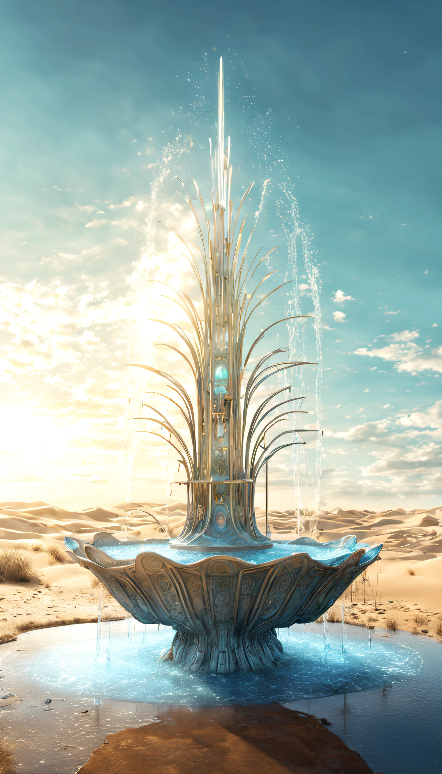Surreal 3D rendering,Large cybernetic wishing fountain depicted in the dunes, Faucet sprays in the air, Marshlands,Reflection in the water,Ethereal,Super fantasy