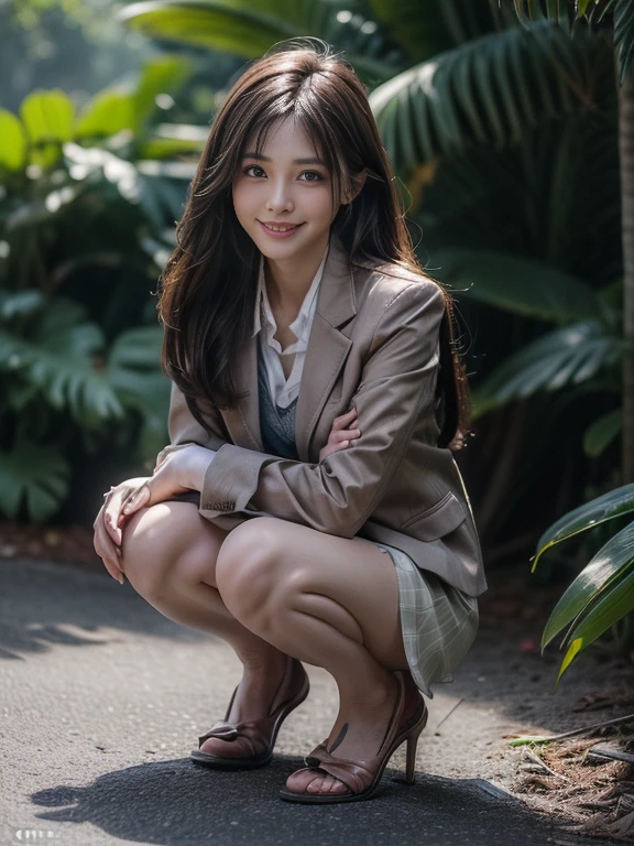 ((top-quality、in 8K、masterpiece:1.3、Raw photo))、Super high quality photos, In the tropical jungle, ((Wearing a business suit with jacket and skirt)), ((squatting with legs closed)),((Wear a white blouse shirt under the jacket)), ((Perfect beauty 20 year old idol Japan woman)), ((a smile)), ((protruding nipples under the shirt,,)), ((Hair fluttering in the wind)), ((slim figure)), ((Slim legs)), ((slim thigh)), (Photorealistic: 1.4), (Ultra-high detail), (hyper realisitic: 1.4), (Realistic: 1.3), (Smooth lighting: 1.05), Full body, 1girl in, Solo, (Japanese actressl), 20yr old, cinematlic lighting, ((Leaner figure)), Good anatomy, Correct anatomy, In the tropical jungle, ((Perfect beauty 20 year old idol Japan woman)), ((Slim legs)), ((slim thigh)), ,((Perfect beauty)), ((He has a small camping bag in one hand.)), ((Panties are visible through the skirt)), ((a smile)), ((camel's toe)), ((Wearing a business suit with jacket and skirt)), ((squatting with legs closed)), ((Hiding the crotch with your hands)).