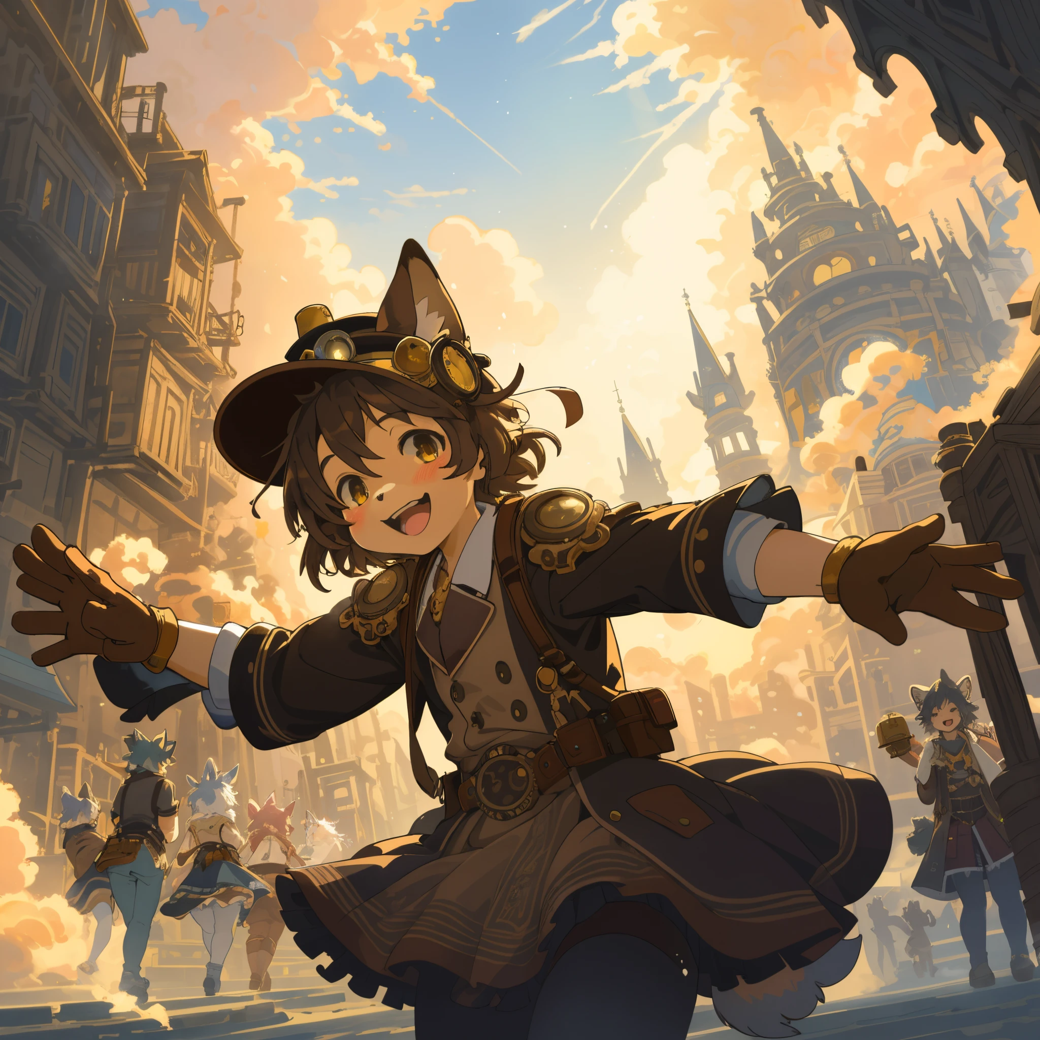 cover_page, highres, top quality, best quality, paid reward available, High-quality illustrations, unparalleled masterpiece, perfect artwork, absurdres, super high resolution, detailed background, Steam punk, Beautiful World Heritage, 6+boys, 6+girls, Happy, joyful(Photos of solo travelers)(kemono, furry anthro)cinematic lighting, dynamic angle,
