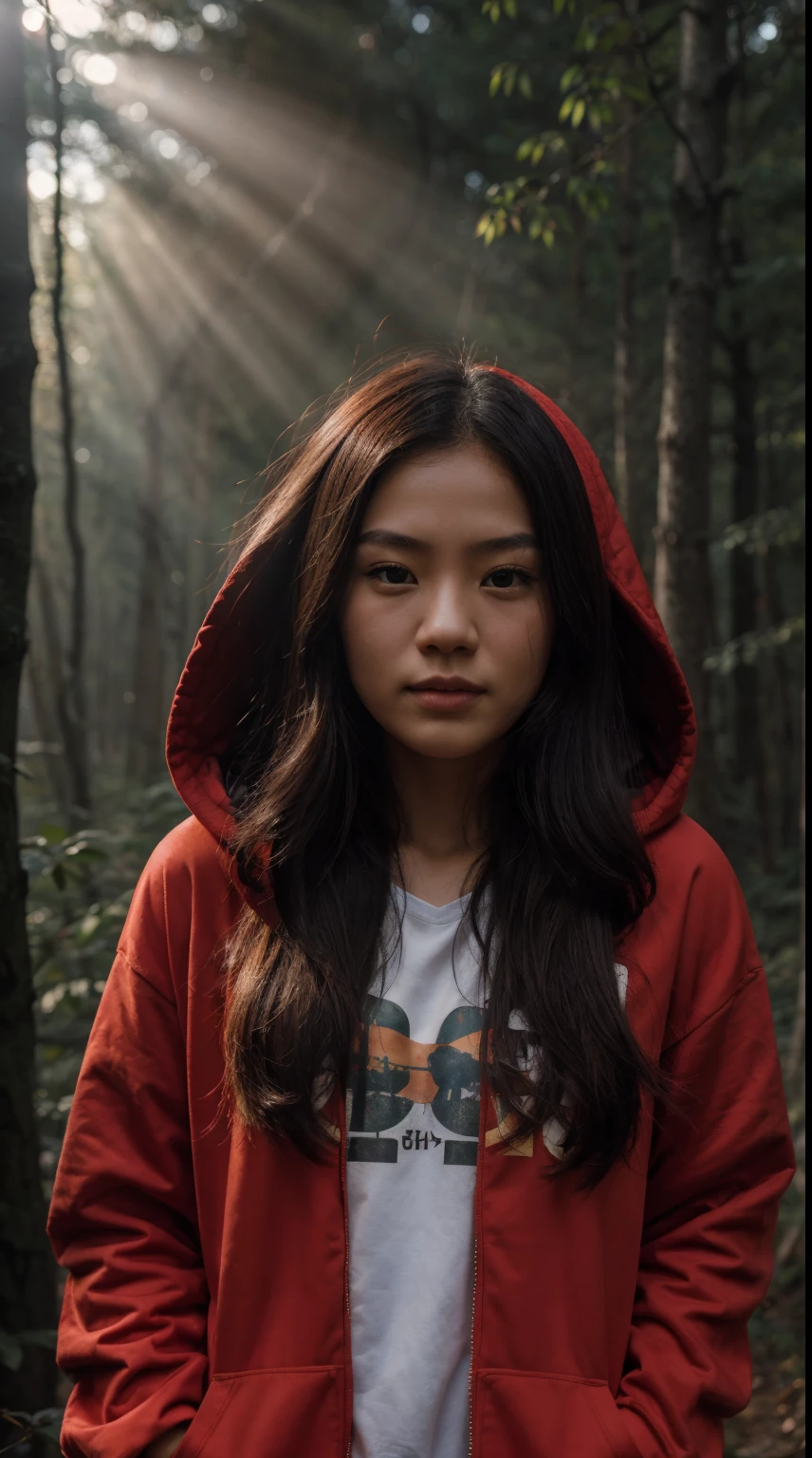 20yo, girl, chinese, long hair, wearing RED hoodie, against camp in dark forest background, morning, sunray, fog and smoke, 8k, nikon D7500, 85mm portrait, ultra-detailed,