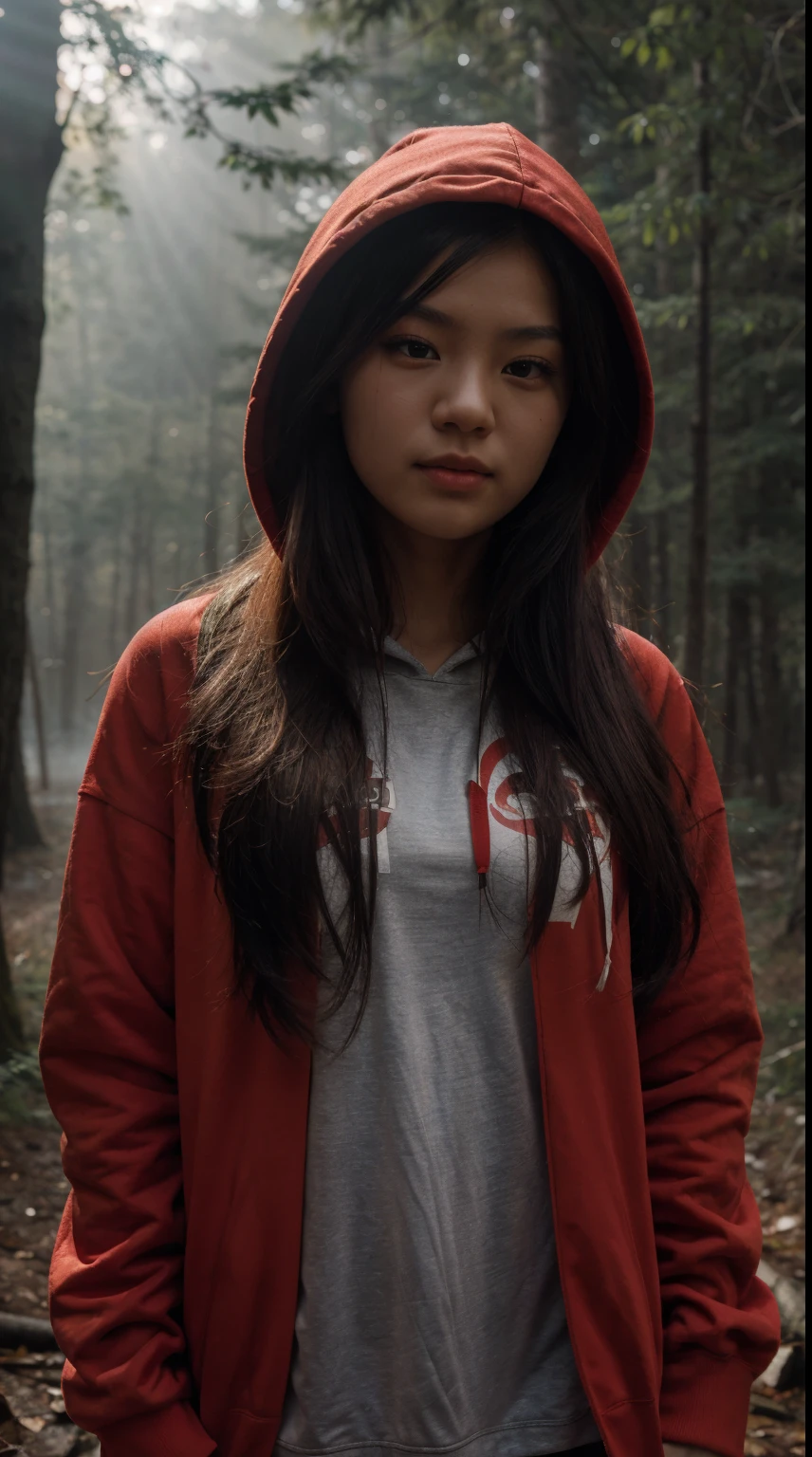 20yo, girl, chinese, long hair, wearing RED hoodie, against camp in dark forest background, morning, sunray, fog and smoke, 8k, nikon D7500, 85mm portrait, ultra-detailed,