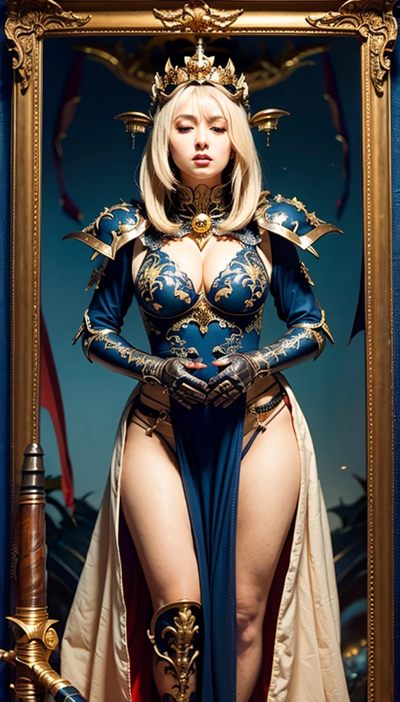 Professional , ​masterpiece、top-quality、photos realistic , depth of fields 、（Dragon Black Metal Body:1.９),(Matte Blue Black、（ of the ）、Dragon Gold Weapon、（ Armor:1.４),Gorgeous gold weapons ,（（ Dragon's dense and gorgeous sword）） , （demonic wings）   ,Detail and gorgeous crown、（（a blond））、（Castle background）、（（Gangle's forest background））、Beautiful Caucasian beauty、１a person、dynamic ungle,(((Detailed and ornate dragon helmet)))、Smaller head、A smile、Castle background、Thin and beautiful female hands、 of the 、Soldier in iron armor on background、Mystical expression、Light Effects、intense fighting、Wind-effect、magic circles、With the legendary magic wand、Dragon's tail、explosions、closed eyes