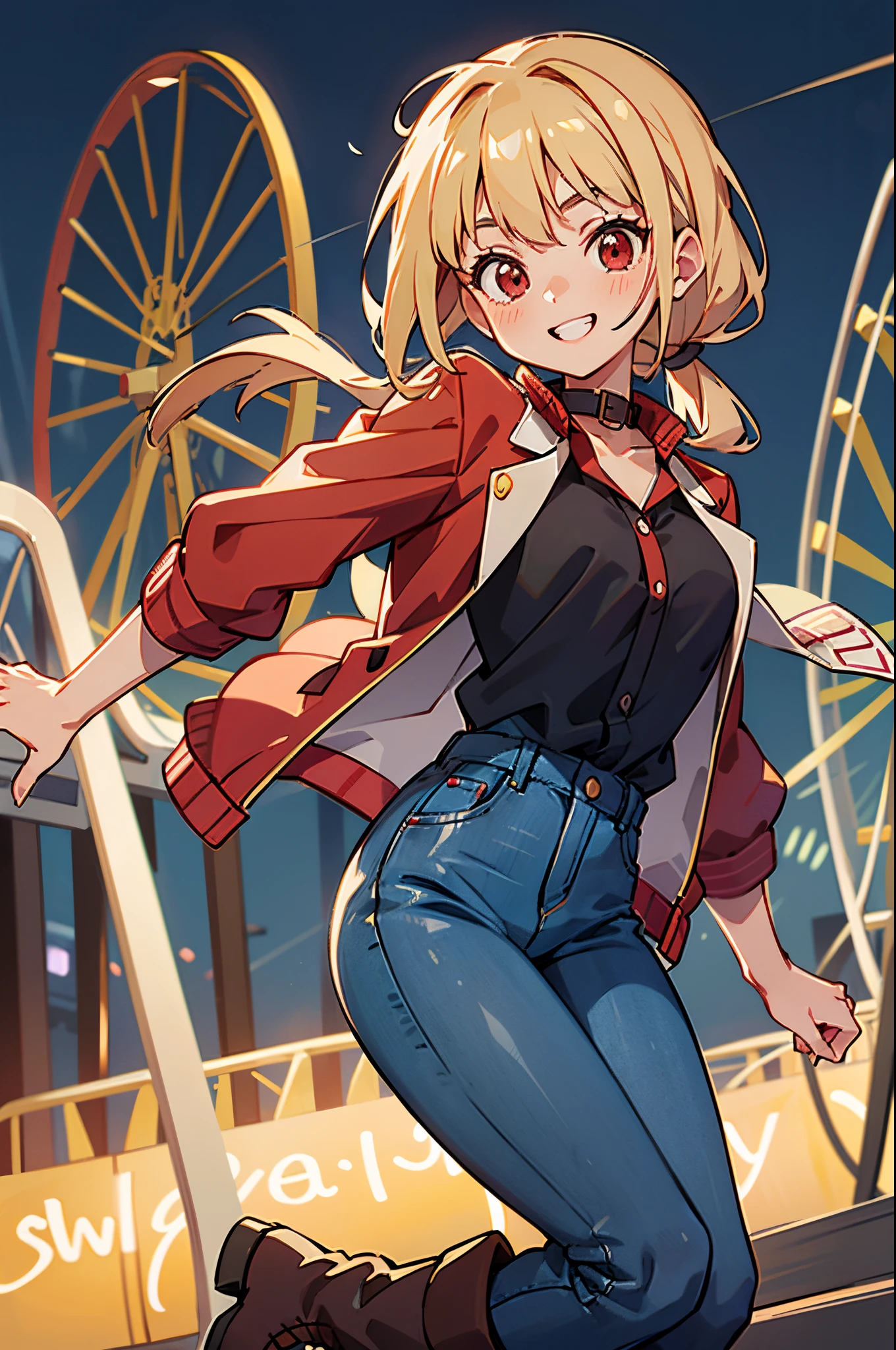 Beautuful Women、 Young handsome girl, small tits, Blonde Hair Ponytail、Red Eyes:1.2, Sexy Girl, professional attire:1.3, 18 years old: 1.1, Detailed Red Riders Jacket:1.2、Blue collar shirt, Skinny denim pants:1.2, Leather boots, Beautiful detailed skin, Cute:1.2, drooping eyes:1.2, Straight teeth,Smile, Floating hair, Gray background, Solo Focus, (bustshot:1.2), Cinematic Light, (Nostalgic night view:1.4), (amusement park:1.4), (merry-go-round、the Ferris wheel、rollercoaster),Looking at Viewer:1.2