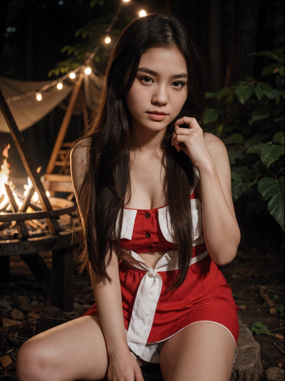 20yo, girl, thai, long hair, pale_skin, wearing RED short dress, BREAK sitting in center of camp fire, against dark forest background, 8k, nikon D7500, 85mm portrait, ultra-detailed,