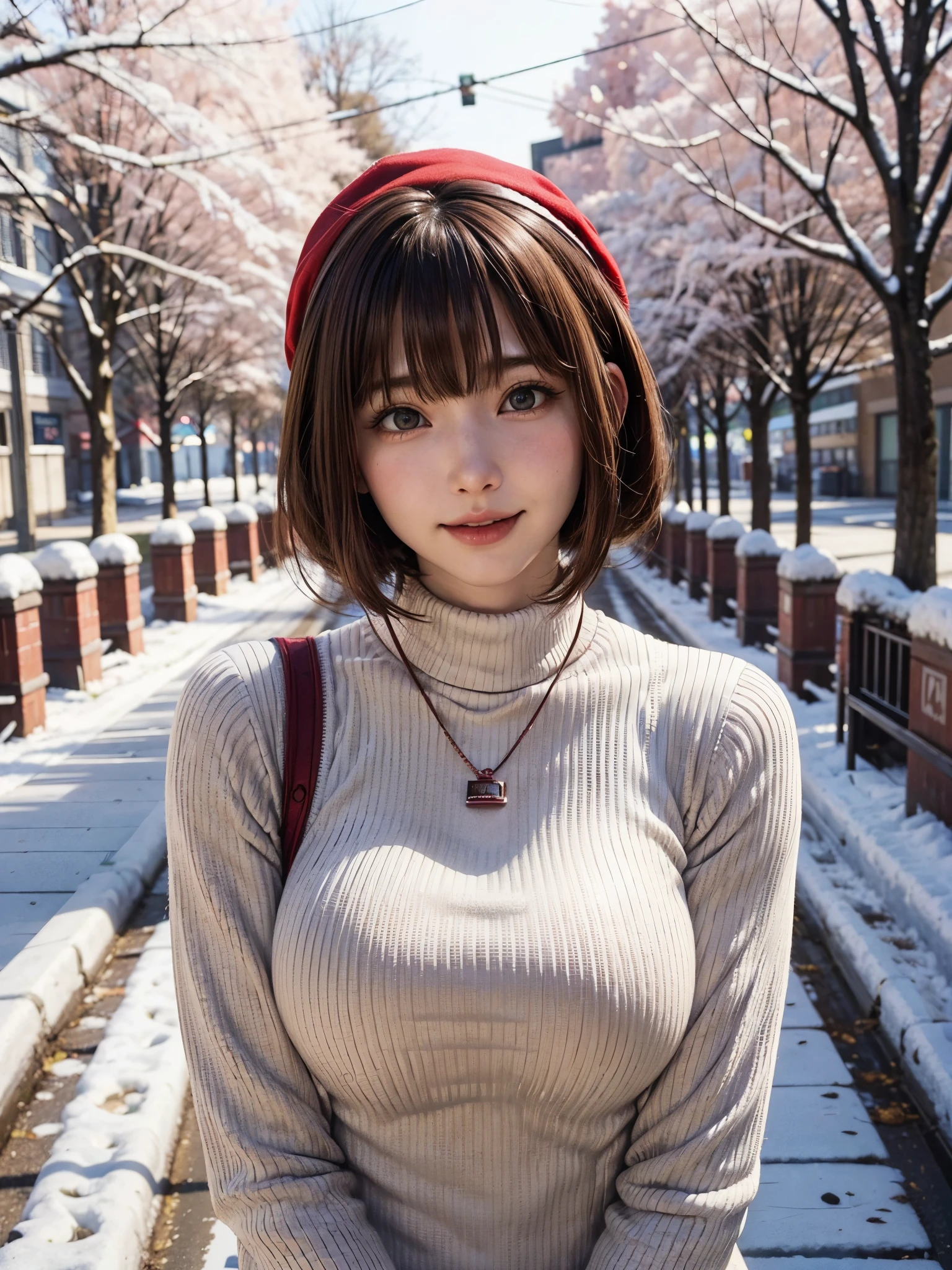 (masutepiece:1.4, top-quality、Very attractive adult beauty with a very cute smile:1.4、Add intense highlights to the eyes:1.4、Look firmly at the camera、Put your right hand on your chest、Beautiful woman full of adult charm:1.4),1girl in, 独奏, Light brown shiny hair, muffler,Santa Claus hat:1.4,realisitic, looking at the viewers, Bright colored crystal light blue eyes:1.4, short shiny hair, Santa Claus Starneck Knit、 Red and white costume of Santa Claus in a turtleneck with a round hole in the center of the chest:1.4,Sexy red and white turtleneck knit sweater with round hole in the center of chest:1.4、 s lips, lipgloss:1.4,bangss, The upper part of the body、big eye、Lashes、The face is a little red:1.4、Embarrassing)、((Canada's tree-lined streets in winter:1.4))、((Brunette's short bob hair with bangs、big eye、Put very strong highlights in your students:1.4、{Gigantic|Big|Huge|Mega} breasts:1.4、very Bigger breasts、gazing at viewer、Very beautiful beauty、Put your ears out:1.4、long neck:1.4、little smiling、Beautiful teeth、Open your mouth and smile:1.4))、28 year old:1.4、Very cute supermodel:1.4、