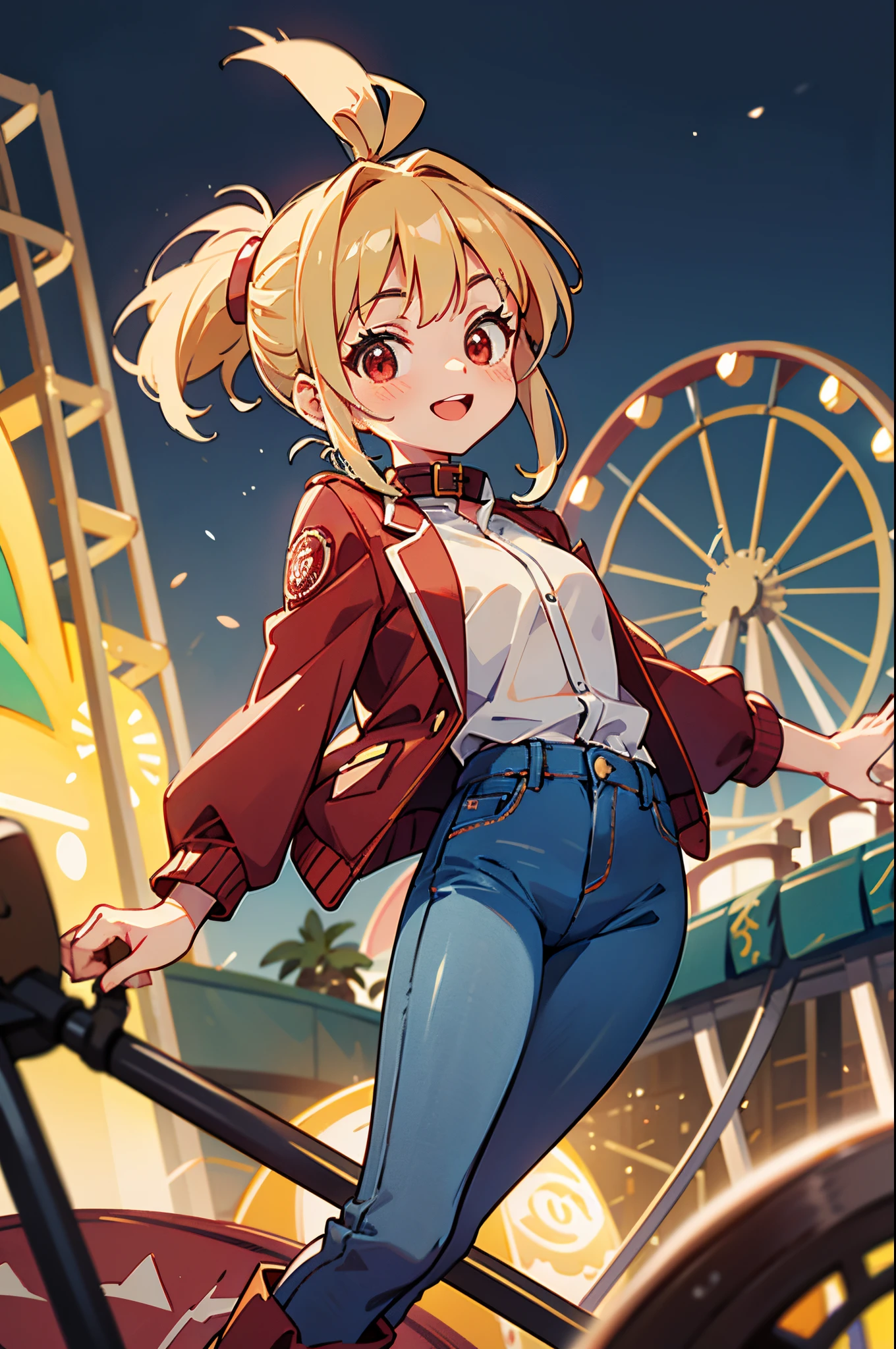 Beautuful Women、 Young handsome girl, small tits, Blonde Hair Ponytail、Red Eyes:1.2, Sexy Girl, professional attire:1.3, 18 years old: 1.1, Detailed Red Riders Jacket:1.2、Blue collar shirt, Skinny denim pants:1.2, Leather boots, Beautiful detailed skin, Cute:1.2, drooping eyes:1.2, Straight teeth,Smile, Floating hair, Gray background, Solo Focus, (bustshot:1.2), Cinematic Light, (Nostalgic night view:1.4), (amusement park:1.4), (merry-go-round、the Ferris wheel、rollercoaster),Looking at Viewer:1.2