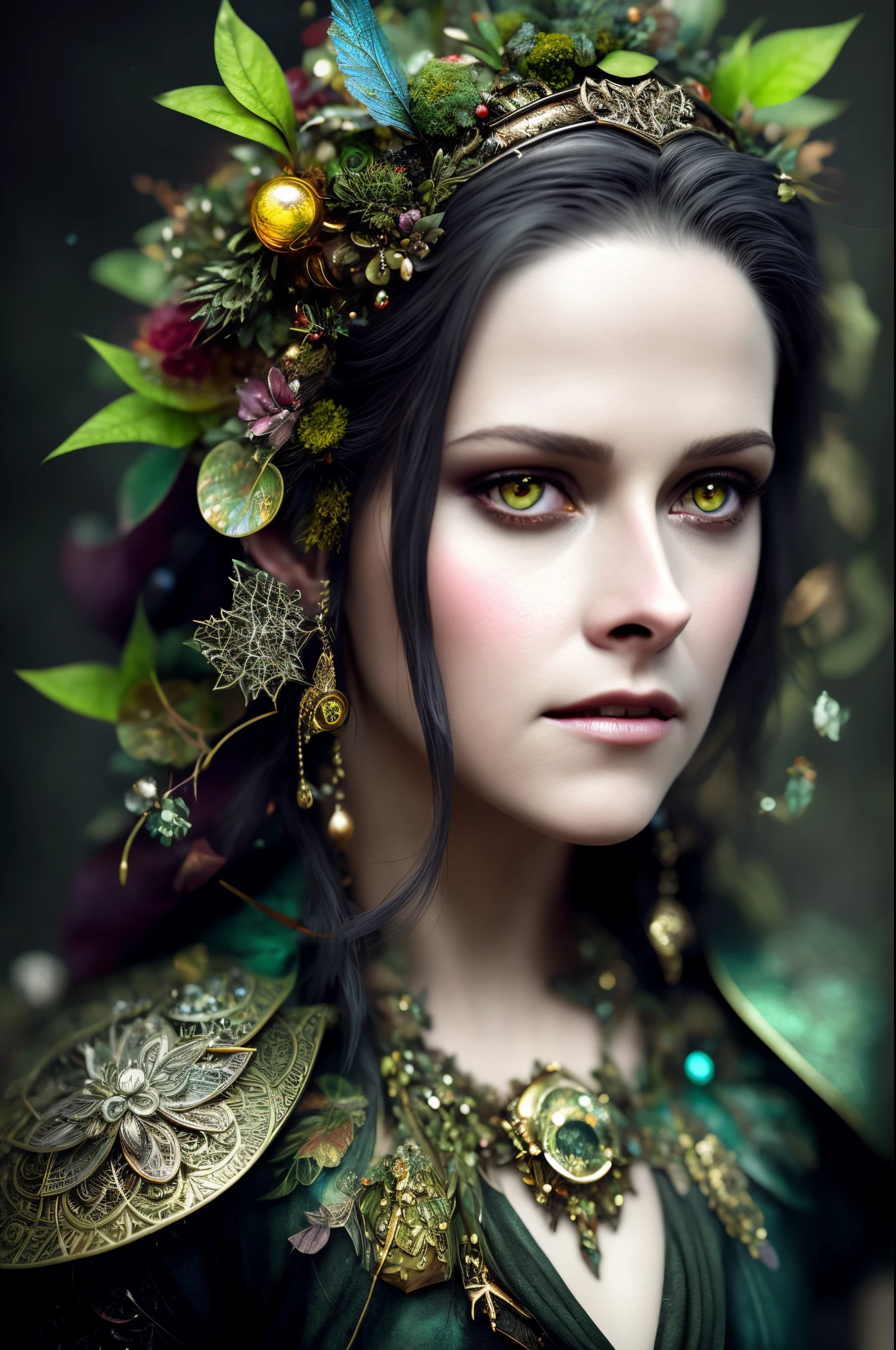 Looks like Kirsten Stewart, Closeup of a Surreal moss Elf with pointy ears in the styles of Ernst Haeckel, Arthur Rackham, Roger Dean, Jeff Wall, by Wolfgang Tillmans, Brooke Shaden $etching drawing illustration$ resin
detailed matte painting, deep color, fantastical, intricate detail, splash screen, complementary colors, fantasy concept art, 8k resolution trending on Artstation Unreal Engine 5