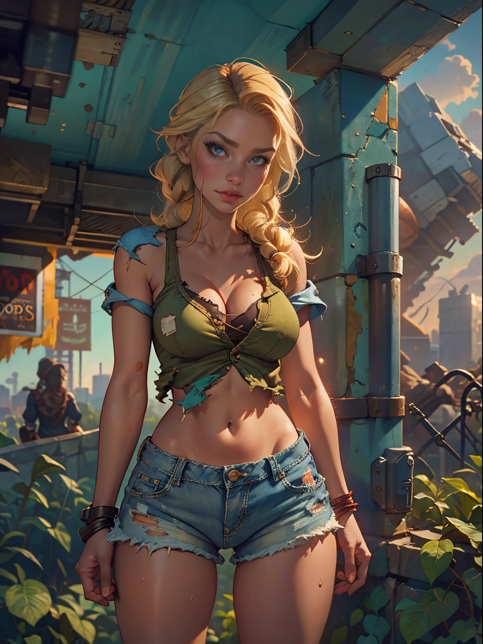 2076 year. The Urban Ruins of the Wasteland, Female huntress picking fruit in the garden, beautiful face, blonde, very torn shirt and denim shorts, shirt in tatters ,  long legs, sweating through, sun rising, Nice warm colors, head to toe full body shot