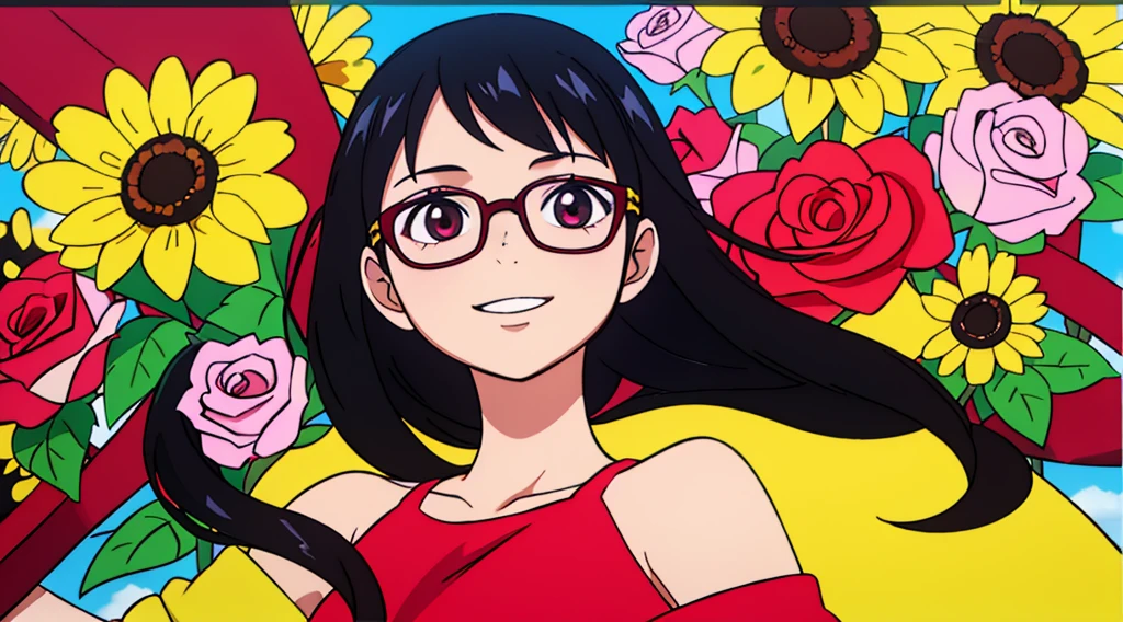 Beautiful girl with glasses, Cabello largo y negro, ramo de girasol y rosas rojas, colores brillantes, sonriente, Calidad 8K, cinematic focus, ojos cerrados