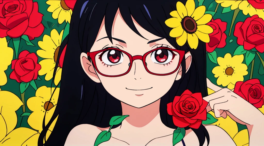 Beautiful girl with glasses, Cabello largo y negro, ramo de girasol y rosas rojas, colores brillantes, sonriente, Calidad 8K, cinematic focus, ojos cerrados