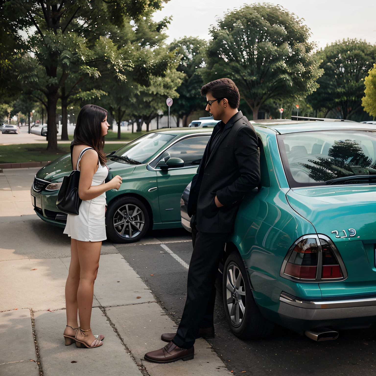 A woman is looking for her car in a park car and there is a man standing in the distance