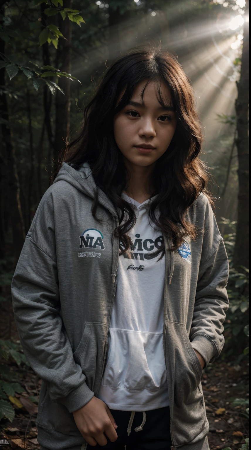 20yo, girl, chinese, curly hair, wearing hoodie, against camp in dark forest background, morning, sunray, fog and smoke, 8k, nikon D7500, 85mm portrait, ultra-detailed,