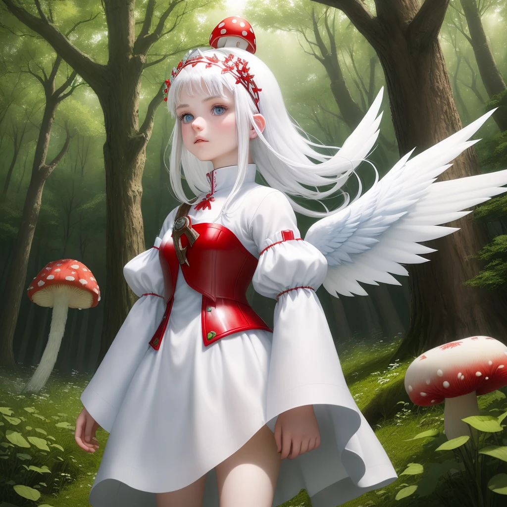 A 17 year old girl, with white hair little bit short, blue eyes, had bandages in her face, had a book on her head with a red mushroom, wearing a princess-like warrior outfir with red a white, had mini white wings with two tails, with a sword in a green field with trees,