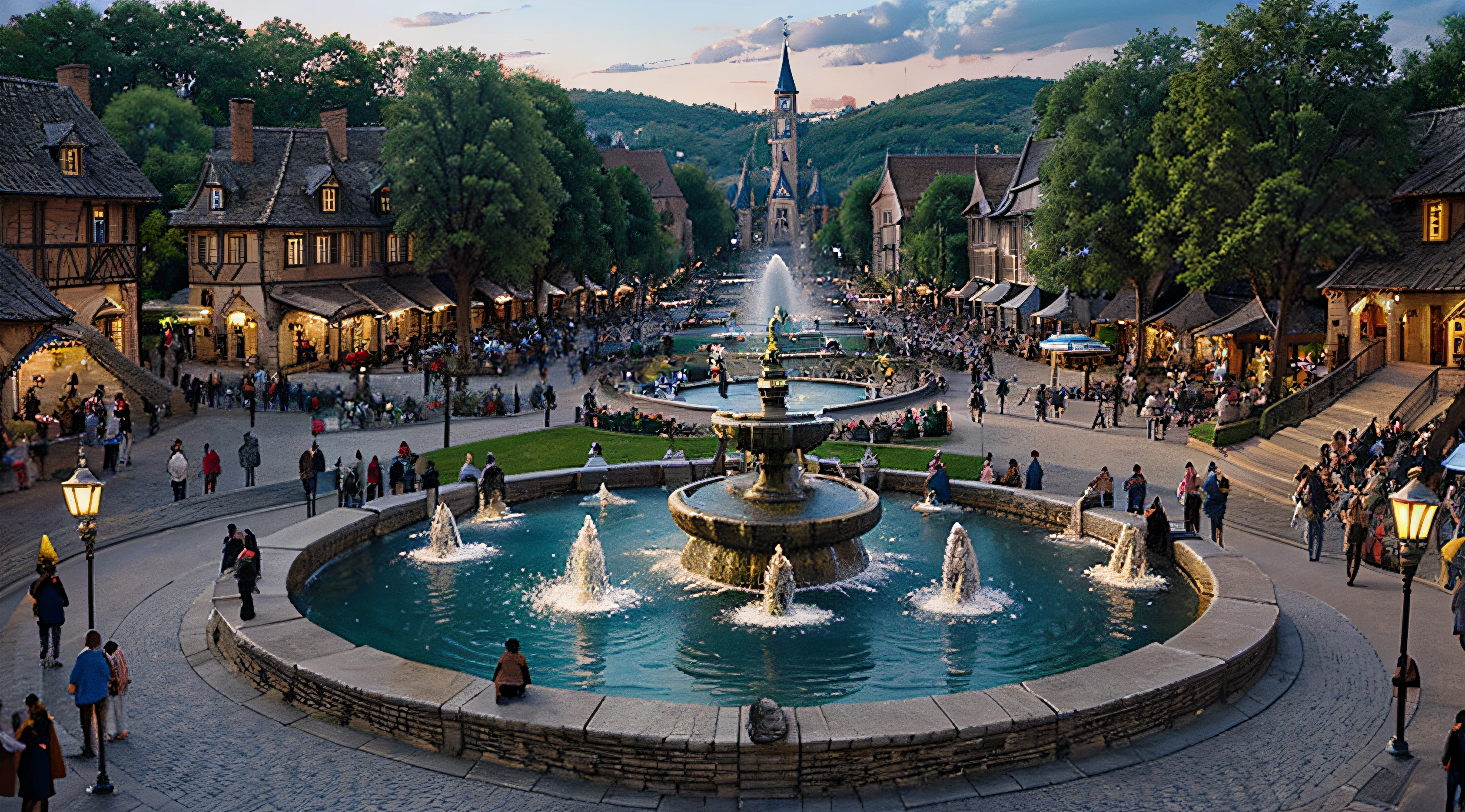 fantasy village town square,crowd,people,landscape,fountain,cobblestone,fairy tale