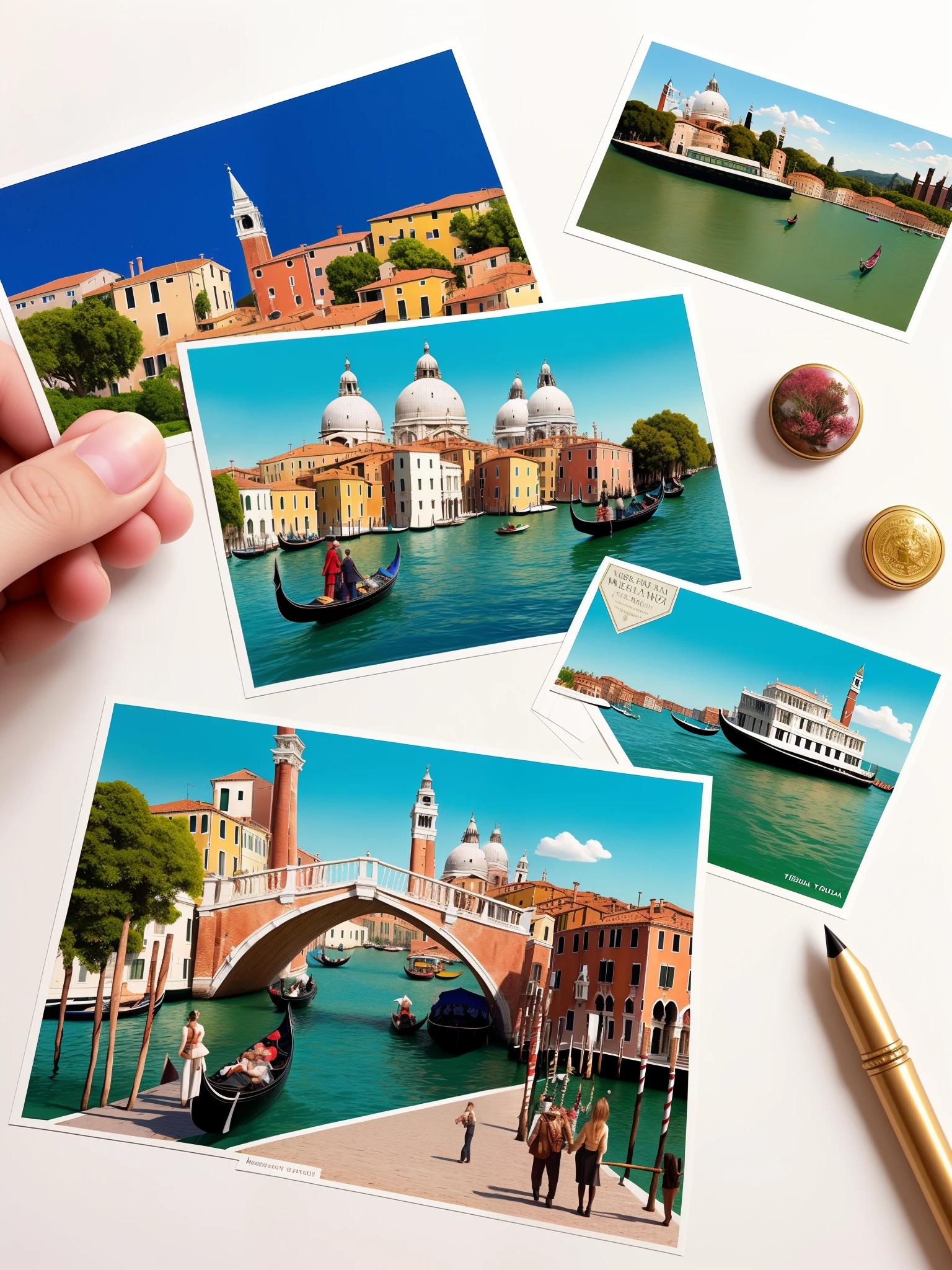 Postcard "Wish you were here" Postcard, stamp, beautiful holiday photo background, torn edges, postcard from venice capturing diverse scenes. Incorporate elements like famous landmarks, natural wonders, and cultural symbols. Utilize a variety of camera shot types, including long shots for landscapes and close-ups for intricate details. Opt for a high-resolution approach, aiming for 64K or higher, to ensure crisp and detailed visuals. Emphasize a vibrant color scheme, drawing inspiration from travel photography and art. Aim for a professional and polished look, with each postcard resembling a miniature work of art. Think about including elements that represent different seasons and moods for a well-rounded collection