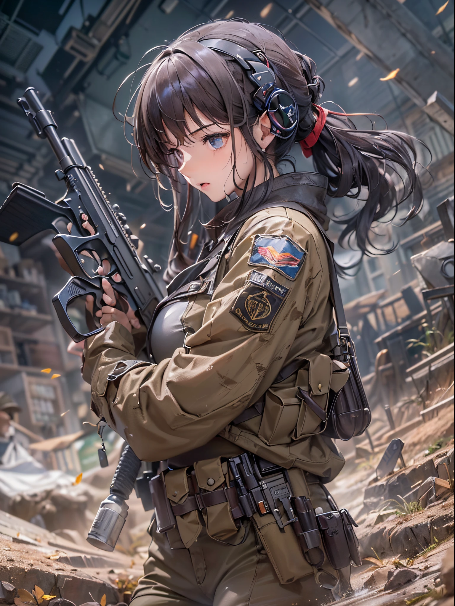 ((Finest quality)),(超A high resolution),(ultra-detailliert),(Meticulous portrayal),((Best Anime)),(Finest works of art),Ultra-Precision Art,The art of astounding depiction,Overwhelming depiction:1.5, top quality action movies:1.5, Gun Action:1.5, (1 adult female:1.5),body covered in mud and dust:1.6
