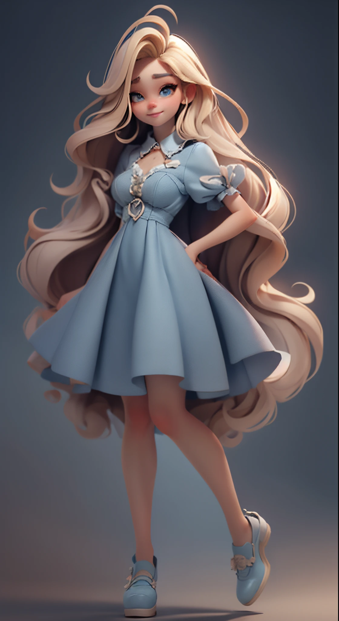 name is alice,a blond,length hair,Blue dress,cute shoes,full bodyesbian,to the tips of your hair,Add shadows too