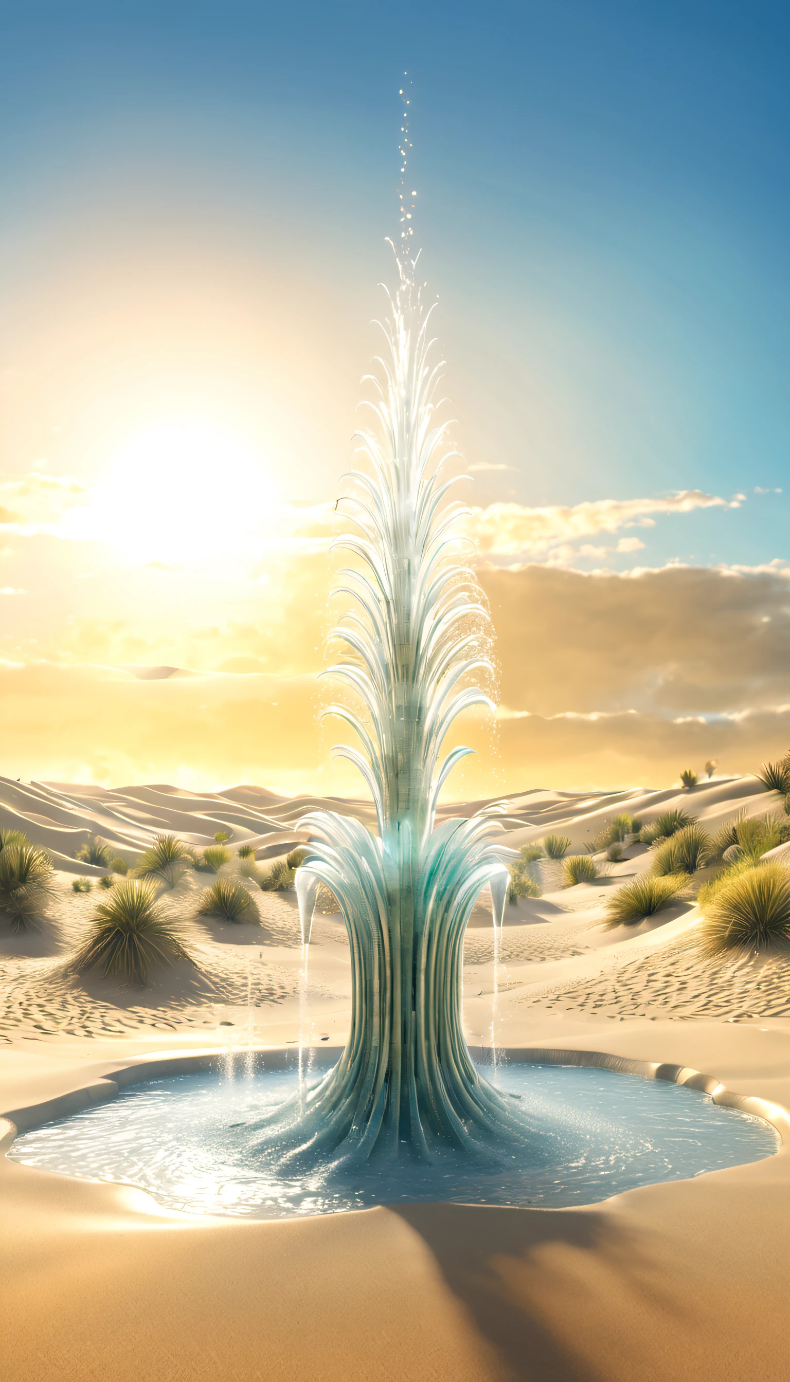 Surreal 3D rendering,Large cybernetic fountain depicted in the dunes, Cactus shaped faucet sprays water, Water-sprayed,Marshlands,Ethereal,Super fantasy ,
Background with:desolate sand dunes,the setting sun,camelstoe,