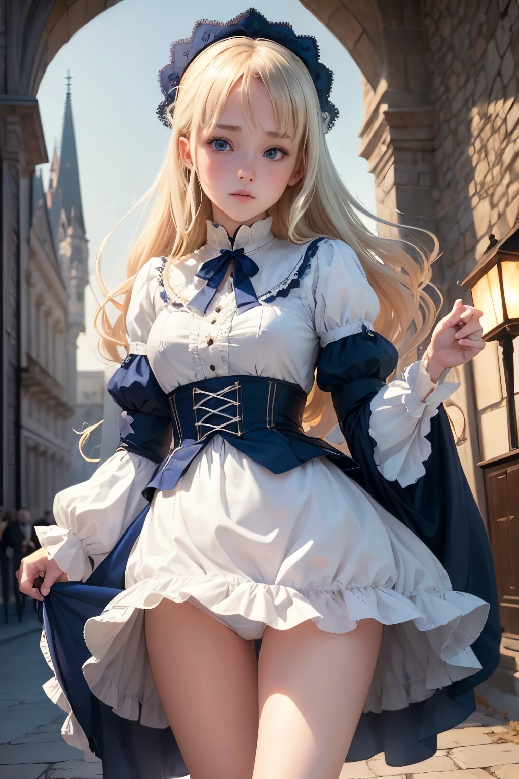 Virginia Otis, (a blond, Blue eyes), Thin, Cute face, Stroll around Canterville Castle at night (novel「Ghosts of Canterville」inspired by). he died in 1887, Victorian dark fantasy、(Skirt lifts in the wind:1.7)、(White panties are visible:1.3),(プッシーライン:1.5)、(Big pubic mound:1.4),low angles