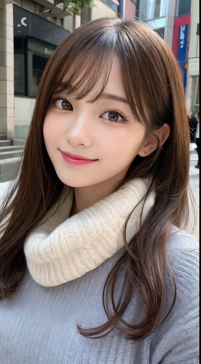  highest quality、disorganized、super detailed、finely、High resolution、8k wallpaper、perfect dynamic composition、beautiful and fine eyes、Gorgeous knit Korean winter clothes、medium hair、big breasts、Scarf、natural color lip、bold sexy pose、smile、Cafe、Japanese、15 year old girl、cute、sexy shot looking at camera、Always blur the background、perfect and beautiful face,Take only the face、beautiful and detailed face、slim face and style
