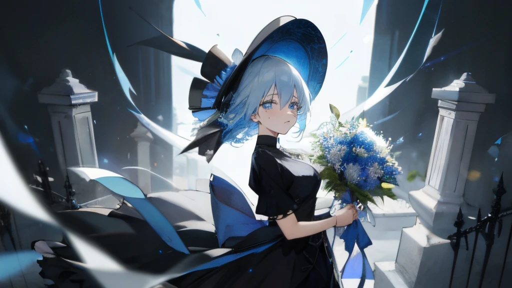 (Top resolution),1womanl,Anime, eyes are blue and light blue,Delicate eyes,odd eye,blue and sad expression,shed tears,white  hair,Blue Mesh,bobhair,long black skirts,Black Dress,big blue top hat,Black stockings,holding a bouquet of chrysanthemums in his hand,The background is a cemetery,the original god,Freena