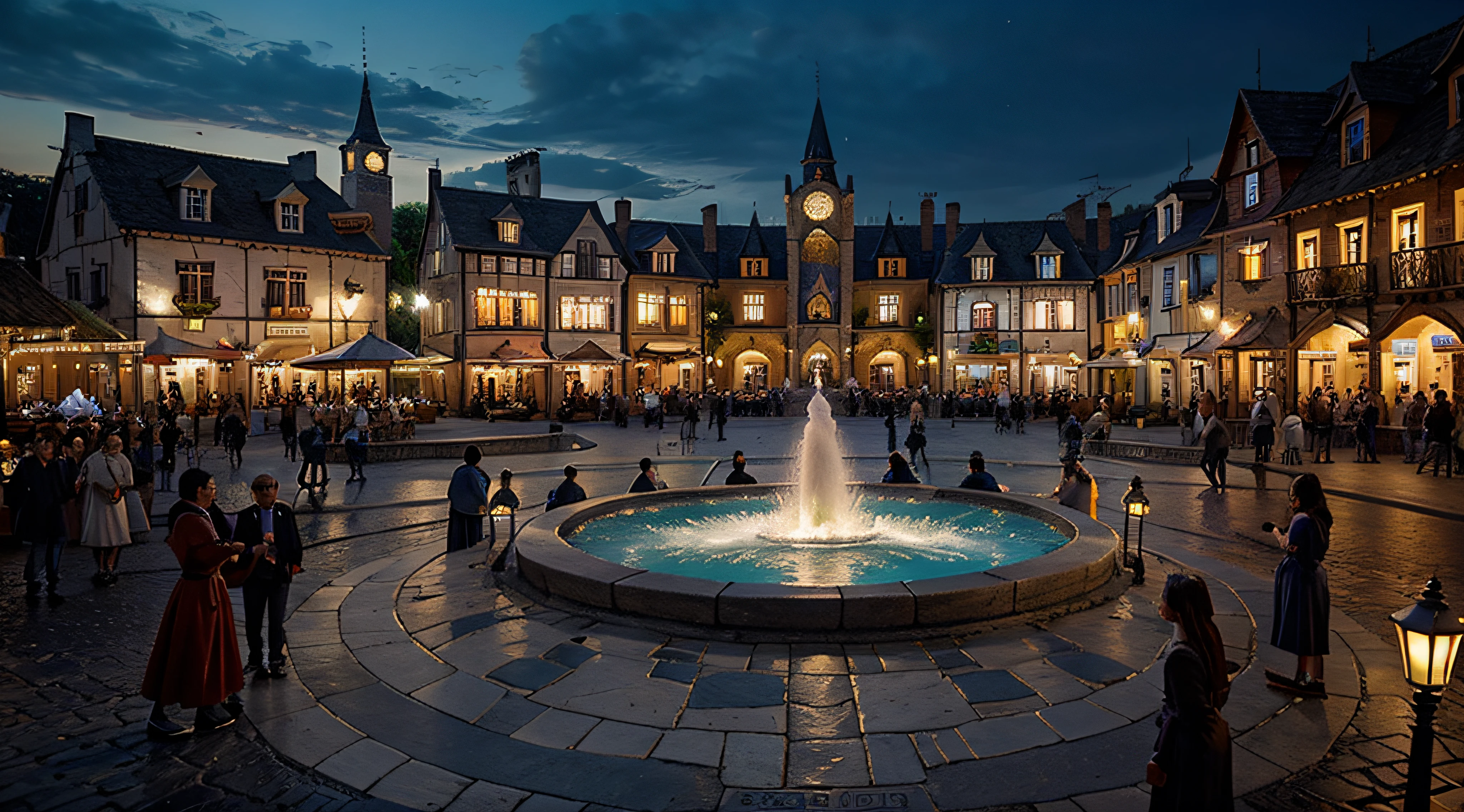 fantasy village town square,crowd,people,landscape,fountain,cobblestone,fairy tale
