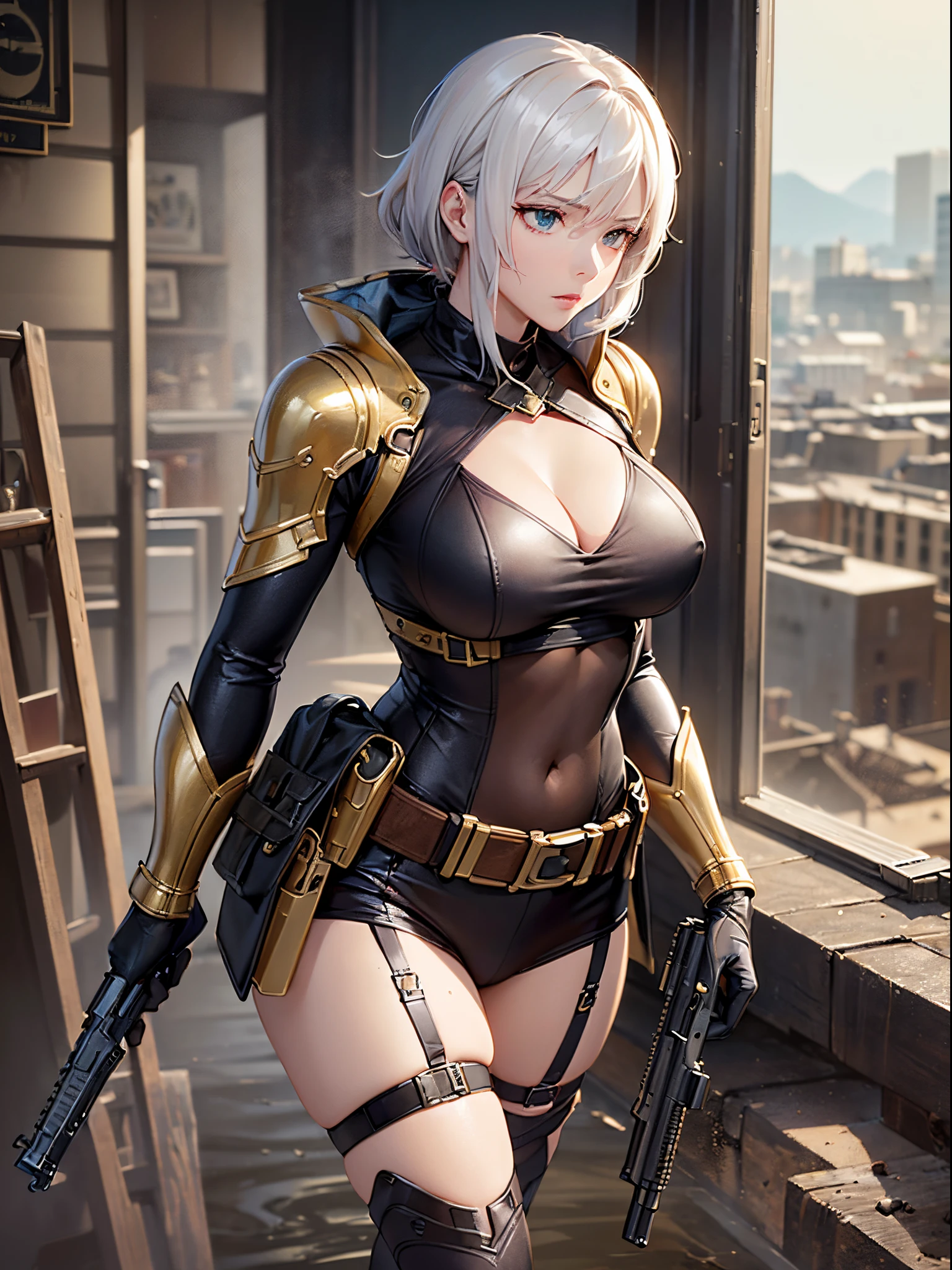 ((Finest quality)),(超A high resolution),(ultra-detailliert),(Meticulous portrayal),((Best Anime)),(Finest works of art),Ultra-Precision Art,The art of astounding depiction,Overwhelming depiction:1.5, top quality action movies:1.5, Gun Action:1.5, (1 adult female:1.5),body covered in mud and dust:1.6