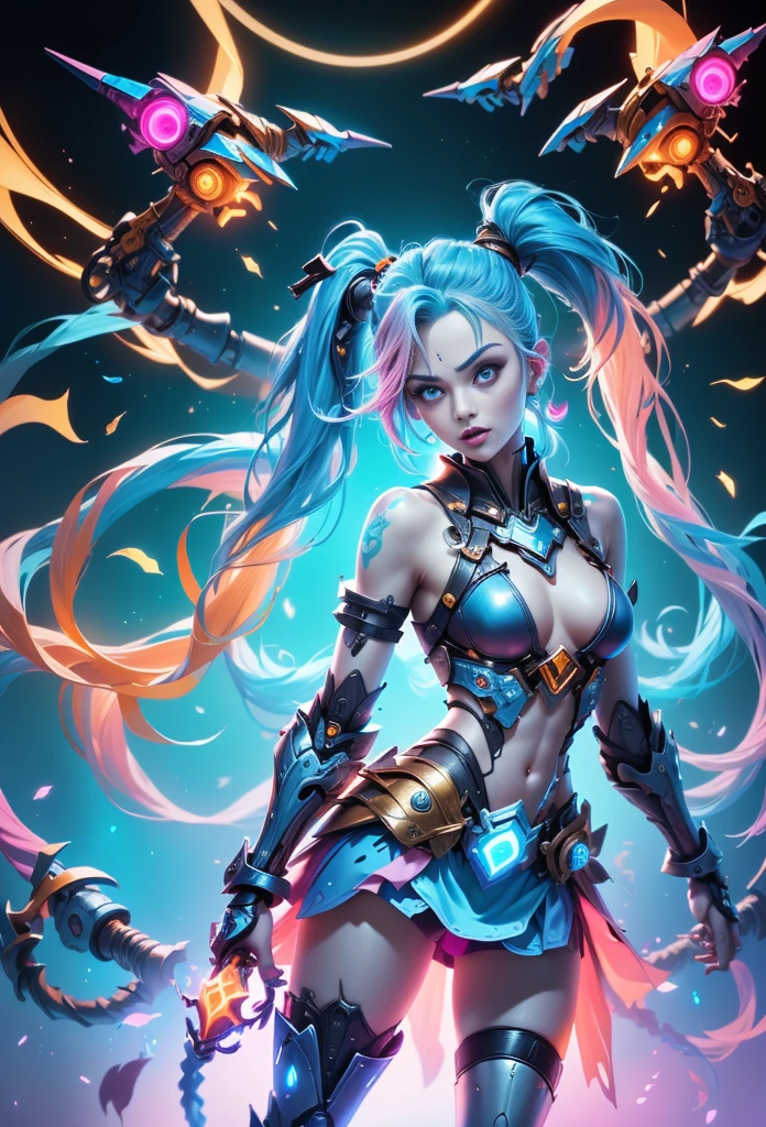 Jinx1024, Game character design，3D character rendering，(((Vector illustration style)))，League of Legends Jinx，((1girl，(Blue double ponytail: 1.5)，Blue braids，Red eyes，big laughter，future warrior，(Pink mechanical skirt: 1.3)，(A luminous magazine is tied around the waist: 1.2)，Decorated with luminous lines and rivets，With streamer effect or LED light embellishment，Hand holding laser cannon、Ion cannon or pulse cannon))，((hair design：Brilliant deep blue，Add some glowing elements，Futuristic headgear such as orange photoelectric glasses or head-mounted display))，((Expression design：Add some glowing lines or orange LED light effects to the facial decoration，Design different facial expressions，Highlight the image of future warriors))，(action design：On the move、When releasing a skill or attacking，Add some special effects and animations，Highlight the sense of future and combat)，((Special effects design：Add cool orange light effects、Electromagnetic wave effect or virtual interface，Enhance the visual impact of skin)), (((standing on your feet，Metal heels: 1.8, Glowing lines or orange LED light effect))), (full body shot of: 1.5)，jinx (league of legends)，((starryskybackground，simplebackground)), MECHA-WINGS, art by mooncryptowow, (pov, first-person view, Ghibli-like colours, Luminism, cinematic lighting, UHD, masterpiece, ccurate, anatomically correct, textured skin, super detail, high details, high quality, award winning, best quality, 16k)