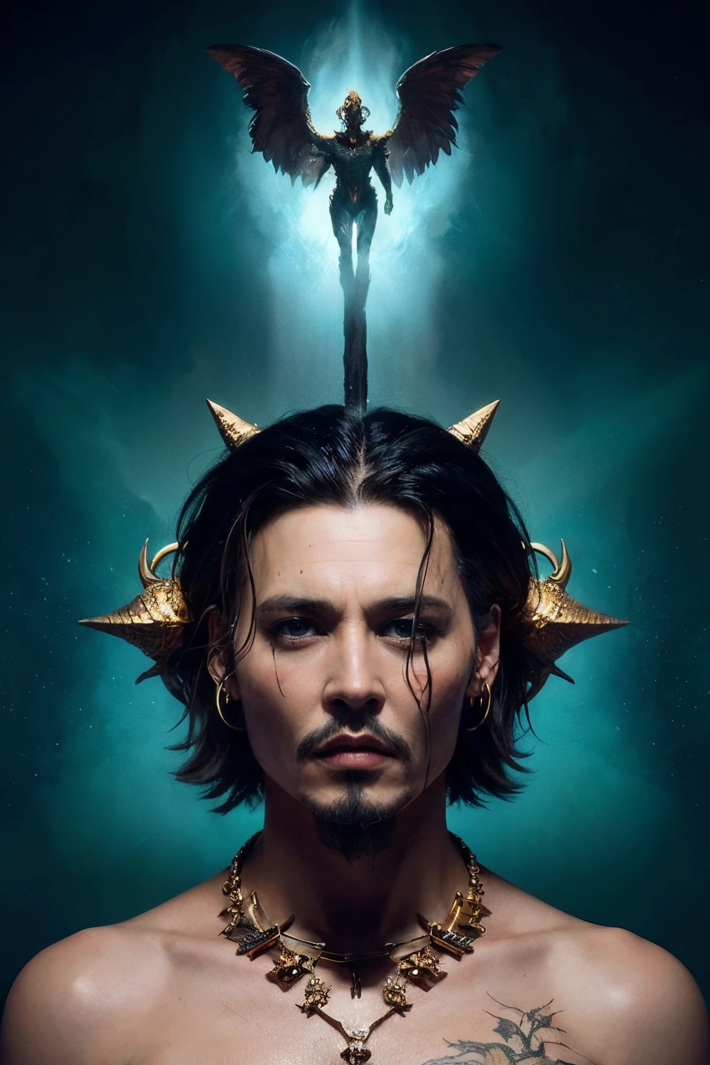 "Generate an AI image depicting Johnny Depp as a mythical creature, combining elements of his iconic style with fantastical and otherworldly features."